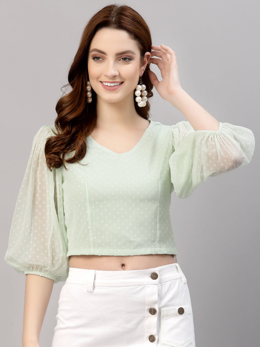 

NEUDIS V-Neck Regular Puff Sleeve Crop Opaque Casual Top, Green