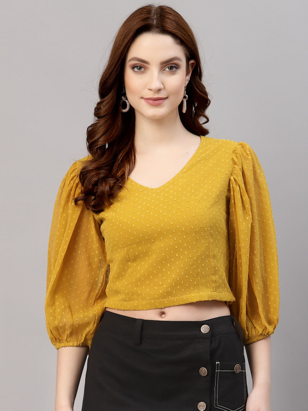 

NEUDIS V-Neck Regular Puff Sleeve Crop Opaque Casual Top, Yellow