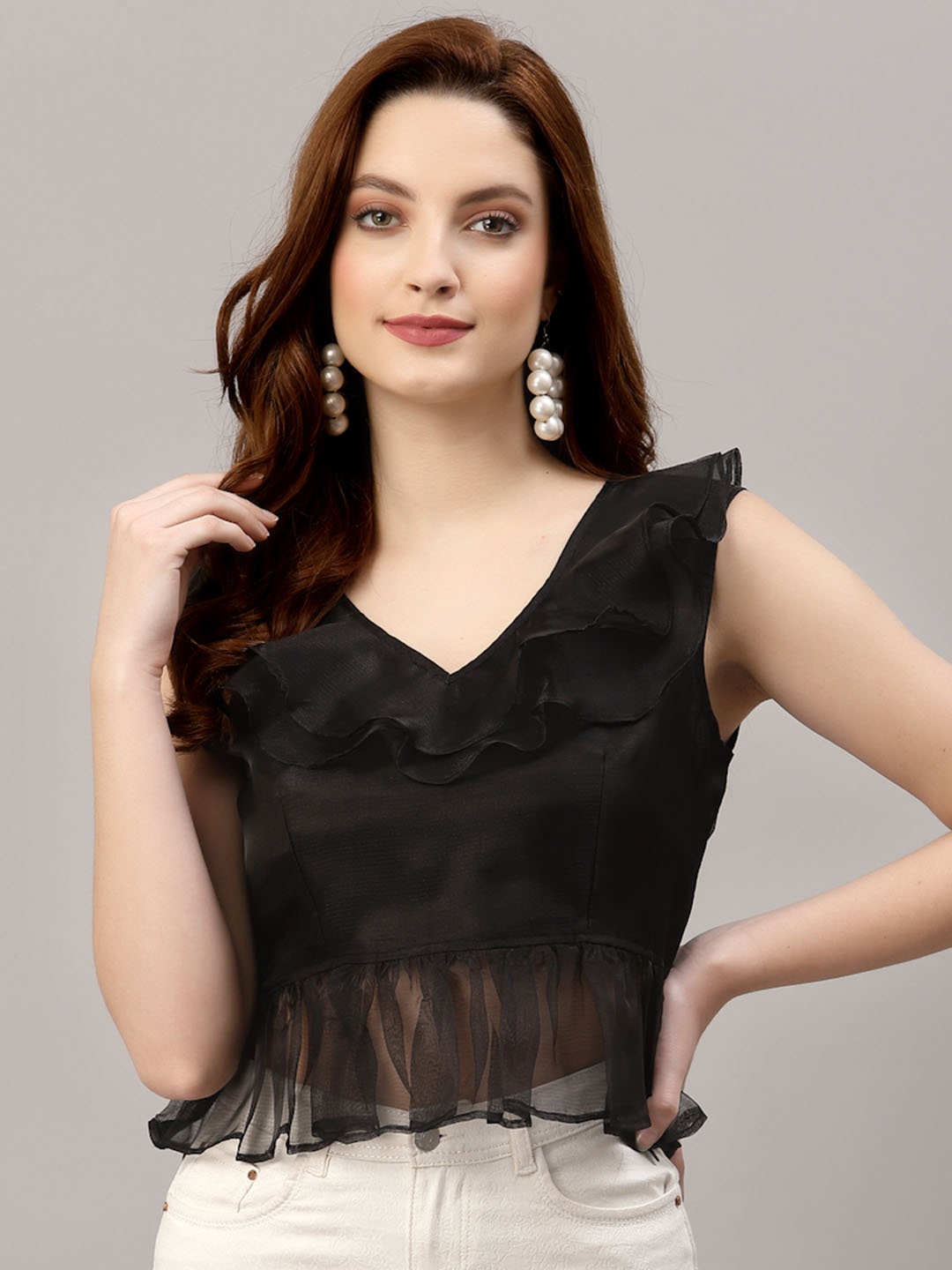 

NEUDIS Organza Blouson Crop Top, Black