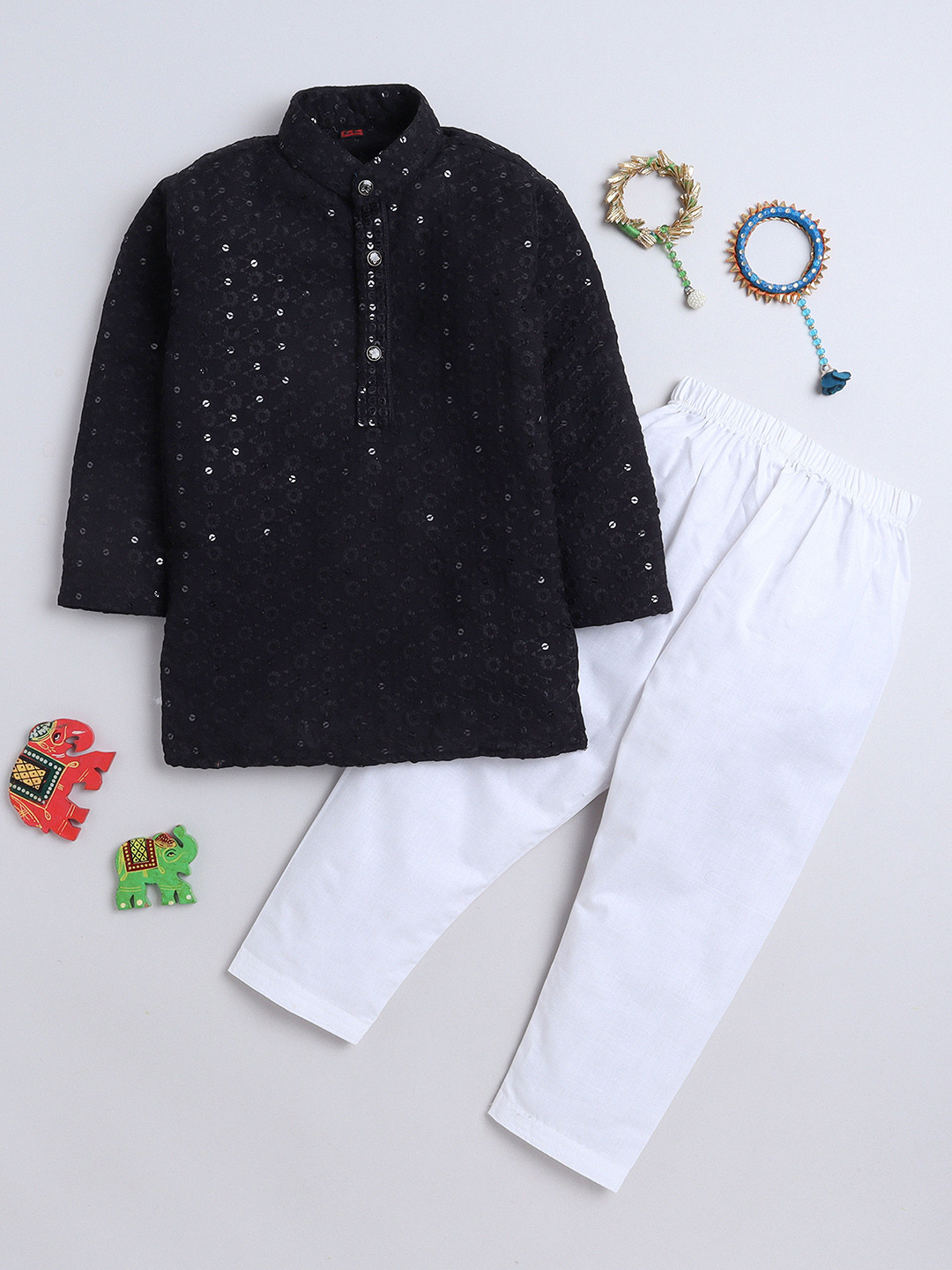 

BAESD Boys Ethnic Motifs Embroidered Regular Sequinned Pure Cotton Kurta with Pyjamas, Black