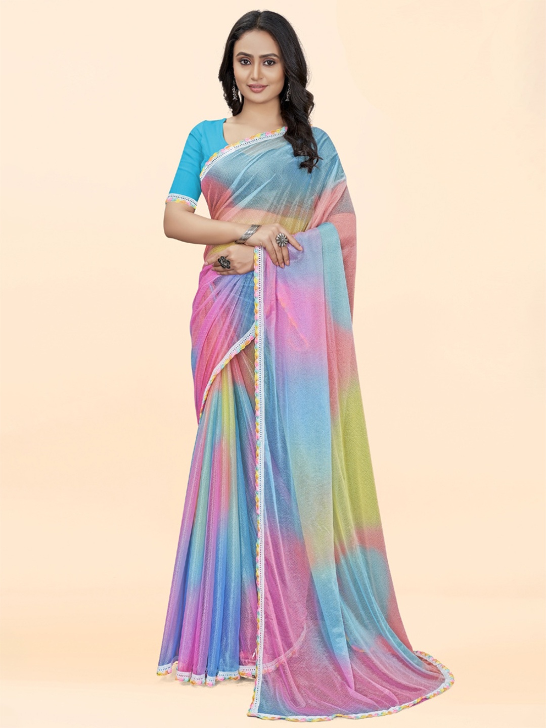 

ASISA Colourblocked Net Saree, Blue