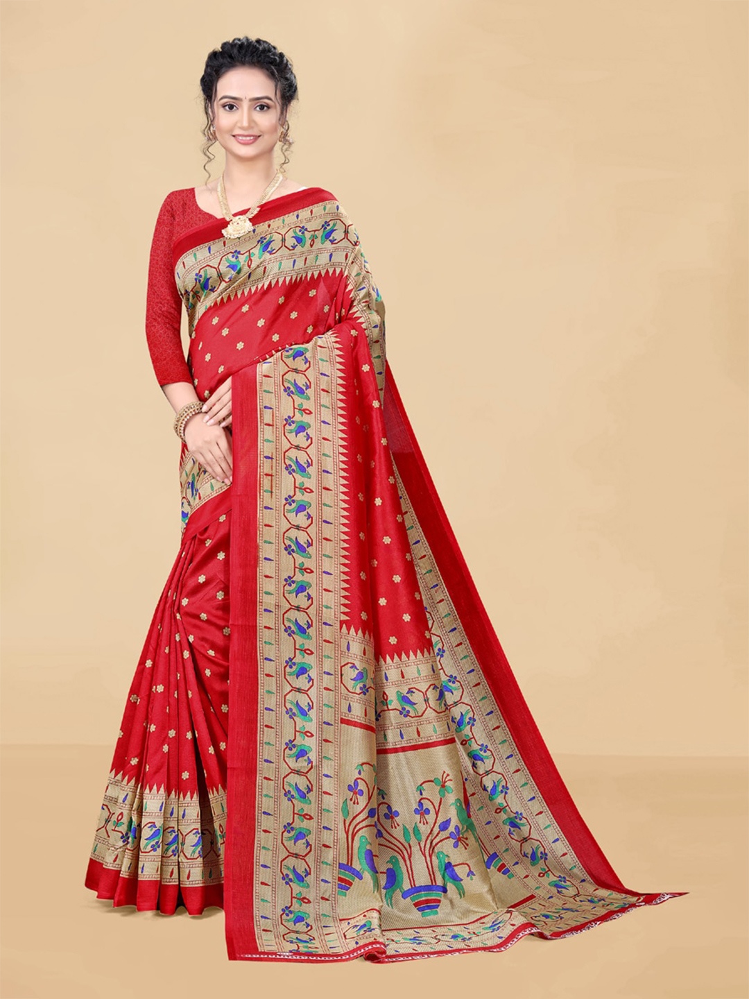

ASISA Floral Printed Silk Cotton Saree, Red
