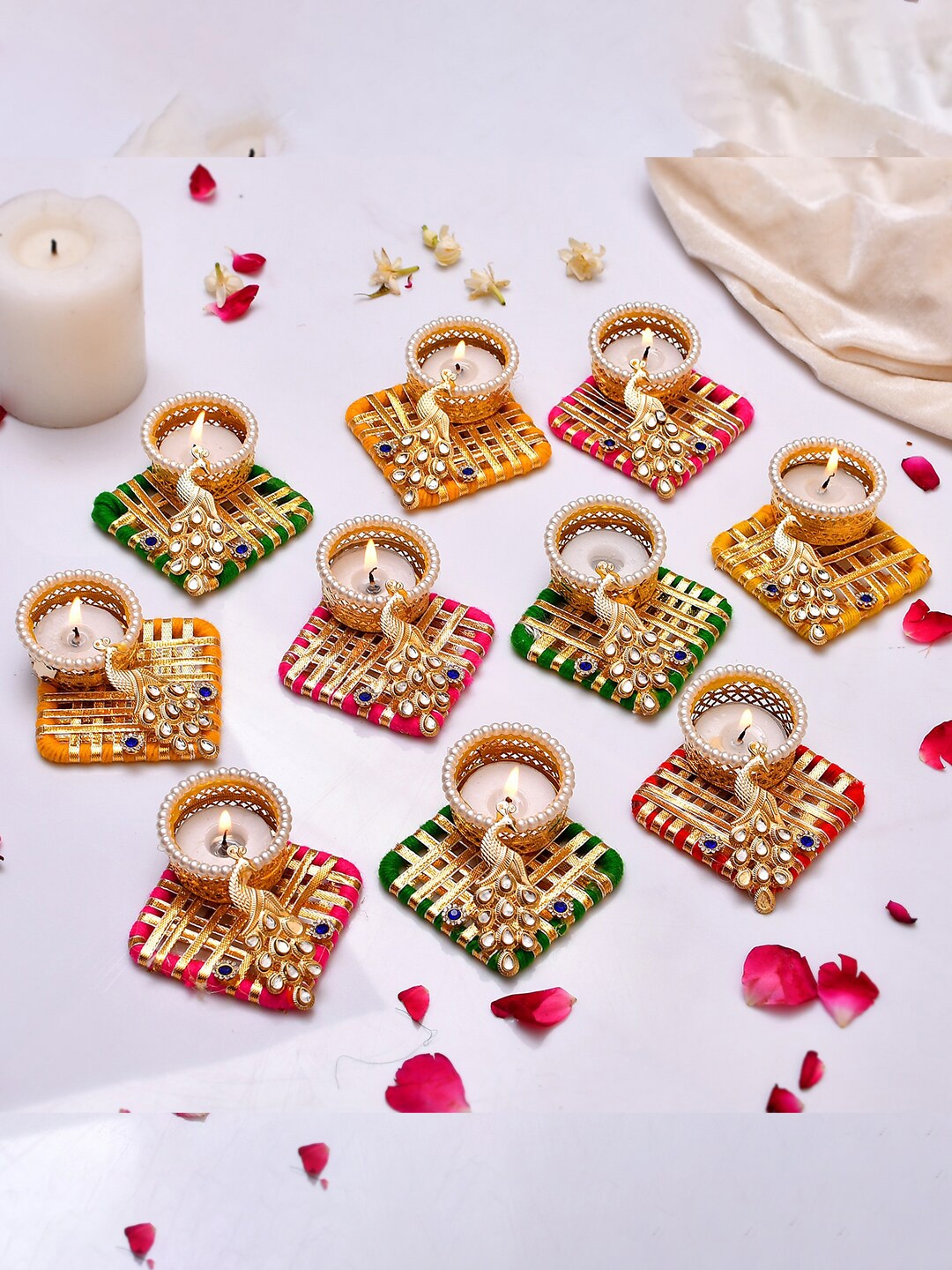 

CraftVatika Gold Toned & White 10 Pieces Textured Candle Holders