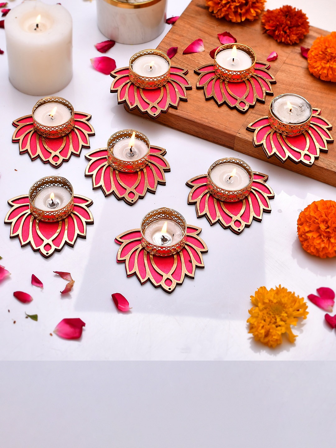 

CraftVatika Pink & Gold Toned 8 Pieces Wooden Candle Holders