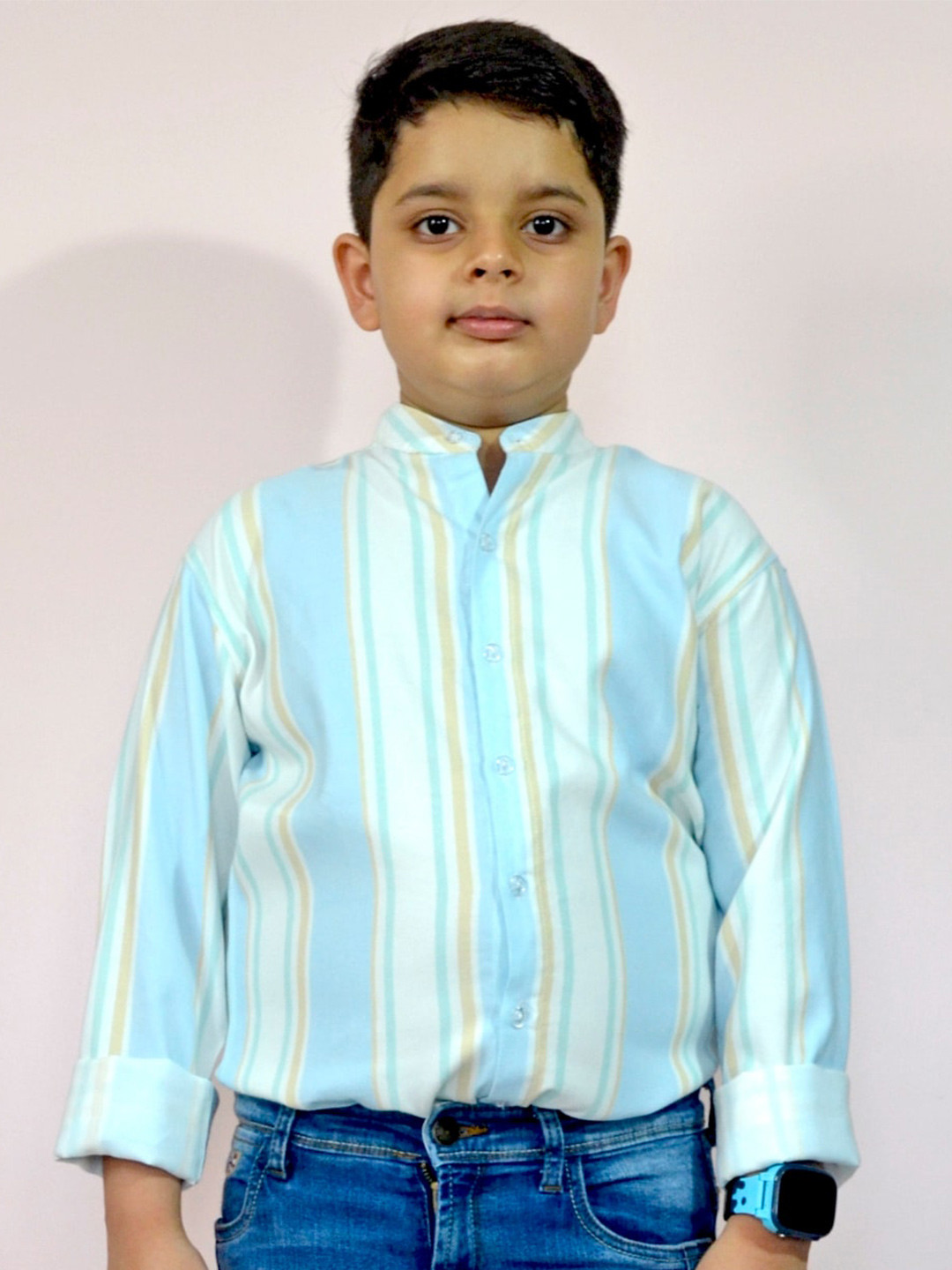

BAESD Boys Mandarin Collar Long Sleeves Cotton Striped Casual Shirt, Blue