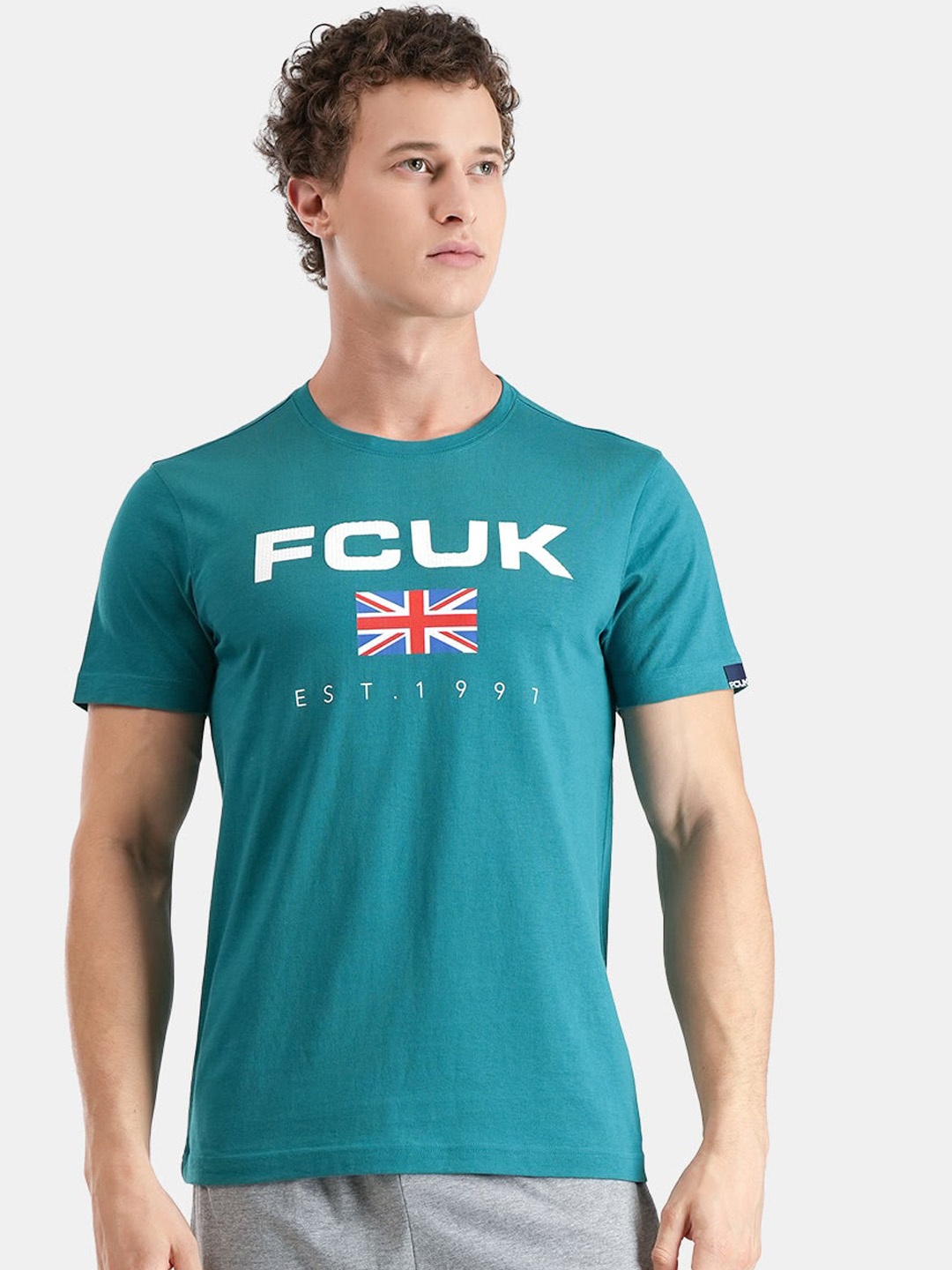 

FCUK Typography Printed Pure Cotton Antimicrobial Lounge T-Shirt, Teal