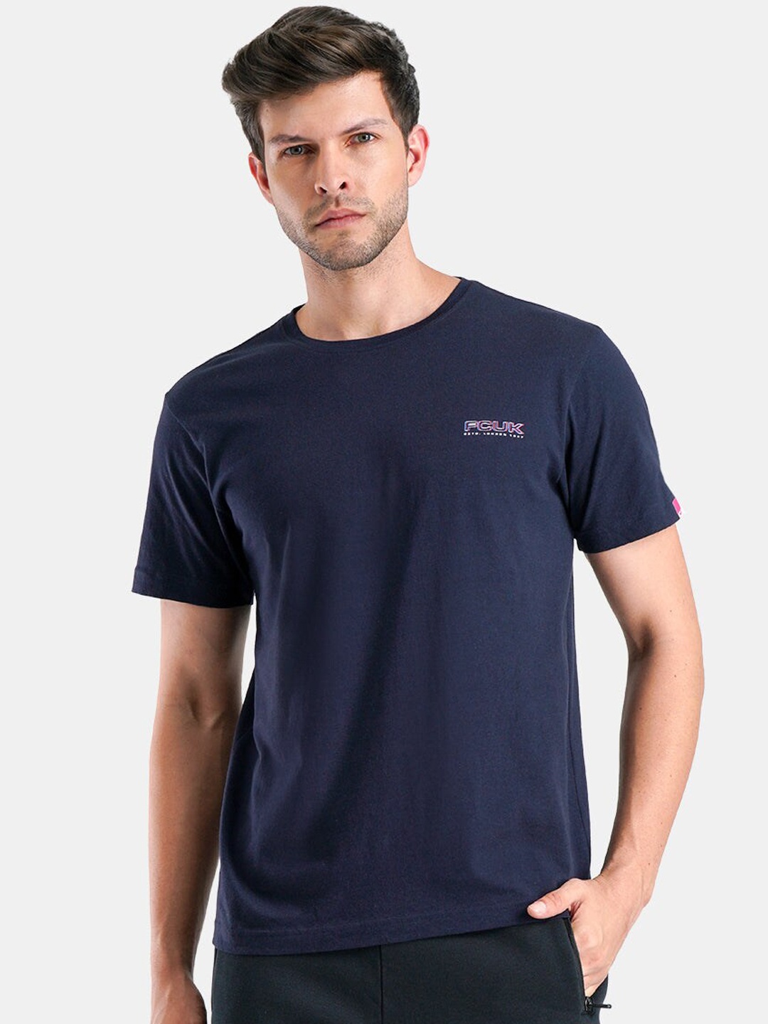 

FCUK Typography Printed Pure Cotton Antimicrobial Lounge T-Shirt, Navy blue