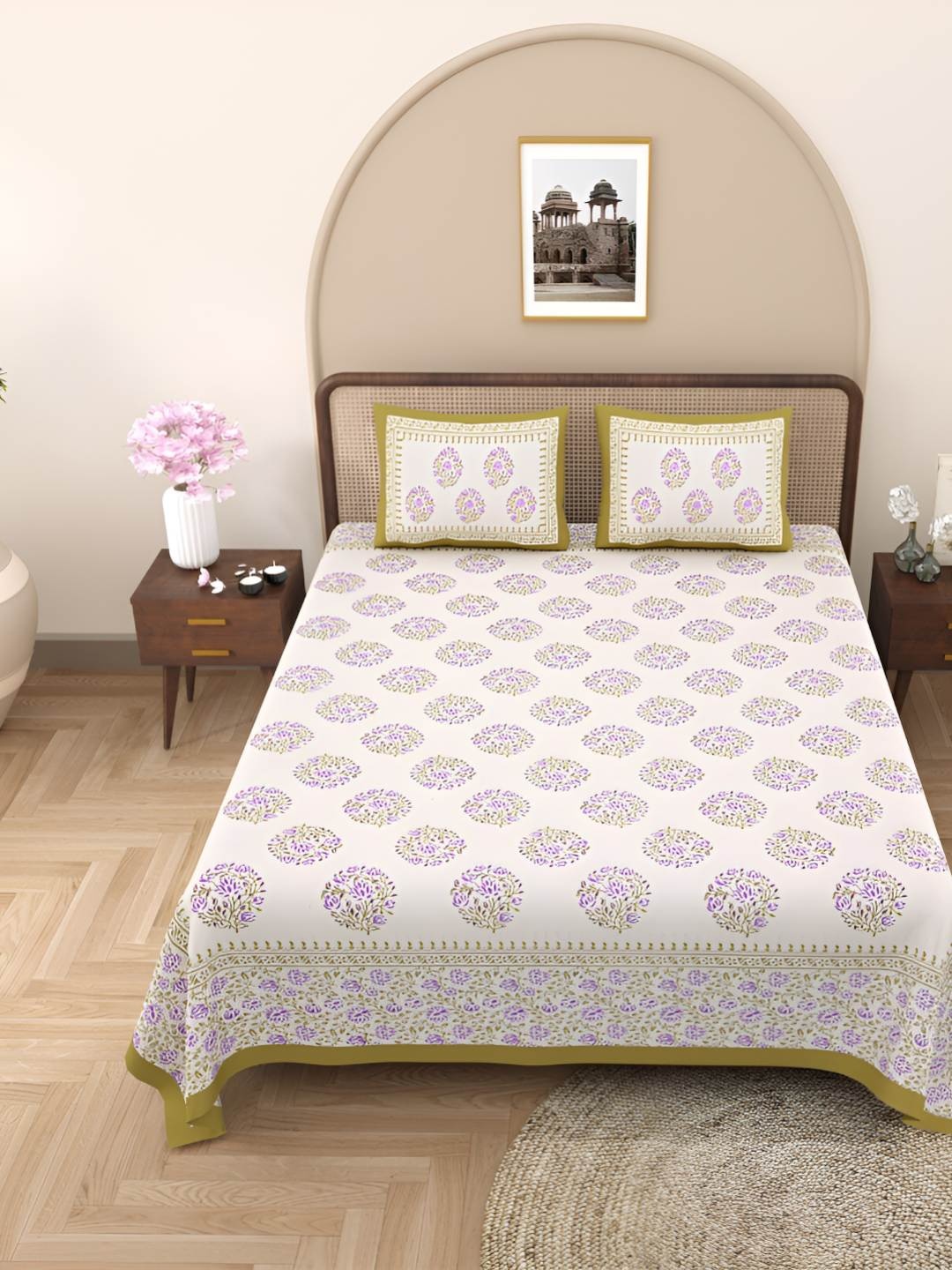 

Jinaya's Green & Purple Floral Cotton 250 TC Double Queen Bedsheet & 2 Pillow Covers