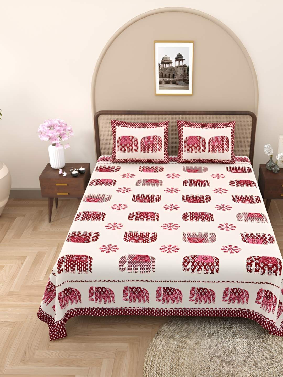 

Jinaya's Pink & Maroon Ethnic Motifs Cotton 250 TC Double Queen Bedsheet & 2 Pillow Covers