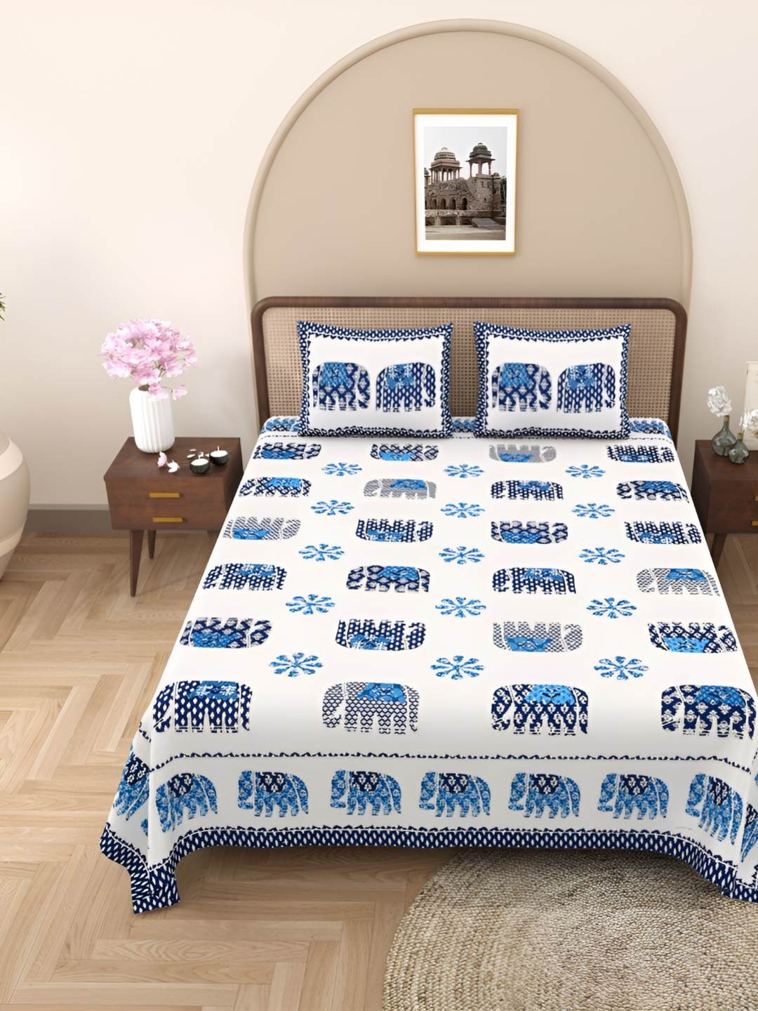 

Jinaya's Blue Ethnic Motifs Cotton 250 TC Double Queen Bedsheet & 2 Pillow Covers