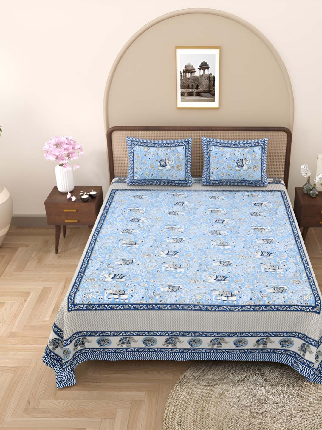 

Jinaya's Blue & White Ethnic Motifs Cotton 250 TC Double Queen Bedsheet & 2 Pillow Covers