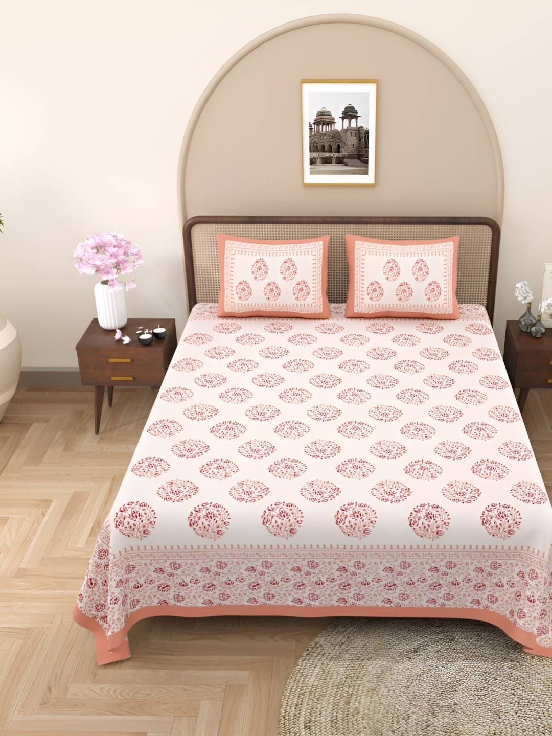 

Jinaya's Peach & Red Ethnic Motifs Cotton 250 TC Double Queen Bedsheet & 2 Pillow Covers