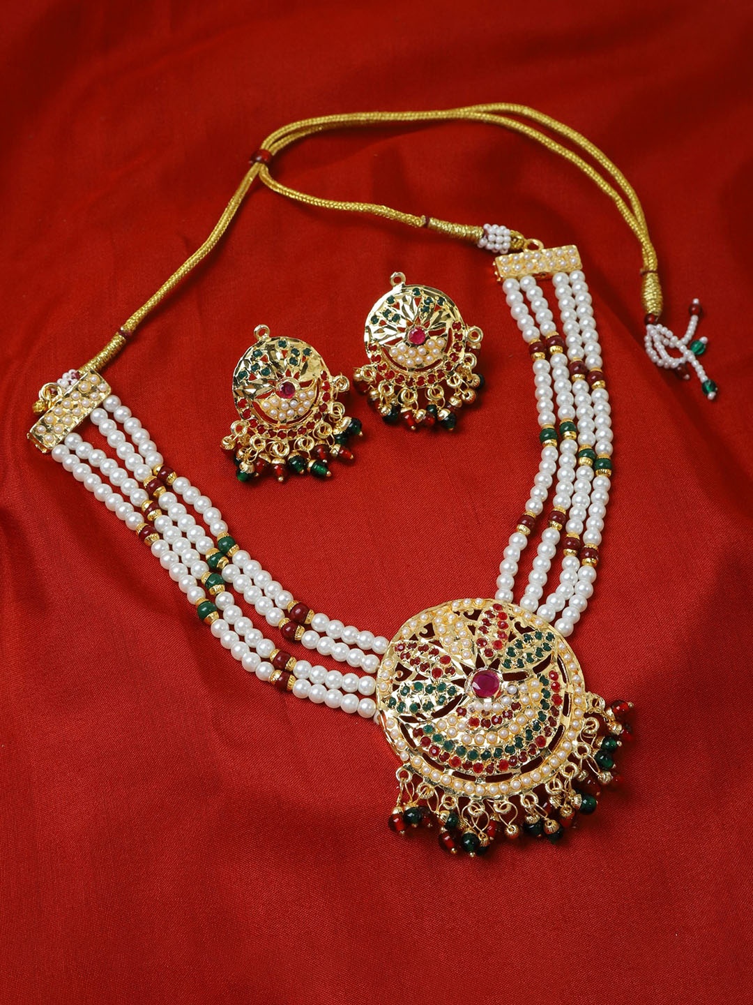 

The Pari Gold-Plated Stones Studded & Beaded Necklace & Earrings