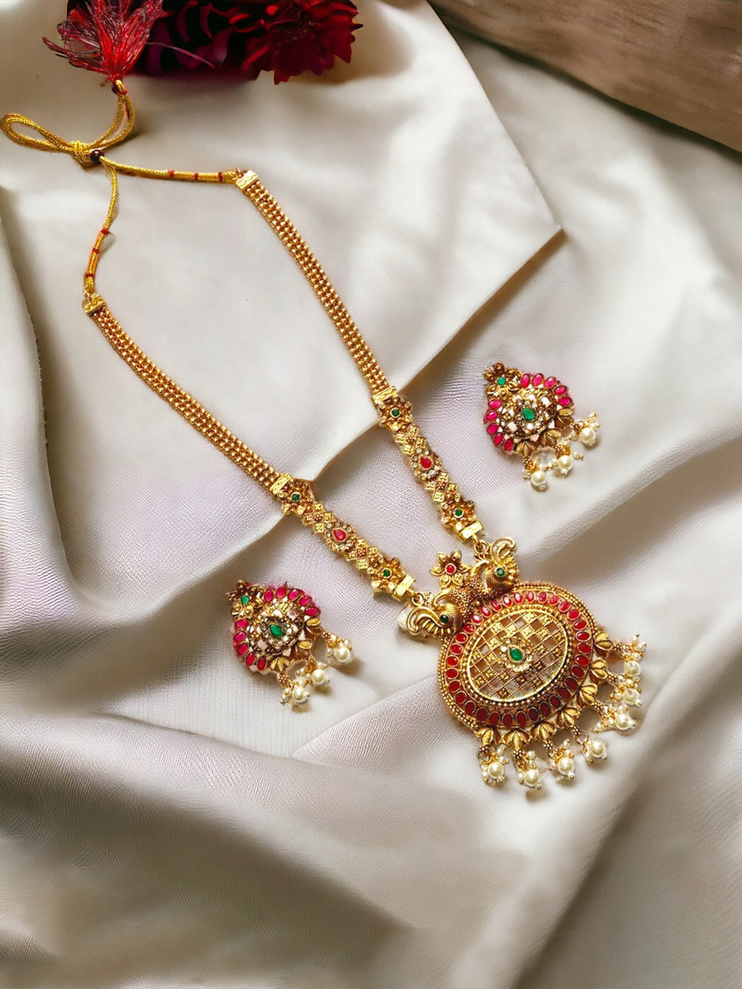 

The Pari Gold-Plated Stones Studded & Beaded Necklace & Earrings