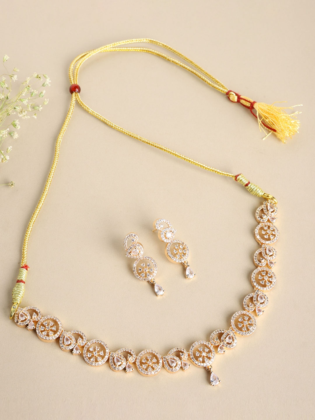 

The Pari Rhodium-Plated CZ-Stones Studded Floral Choker Necklace & Earrings, Gold