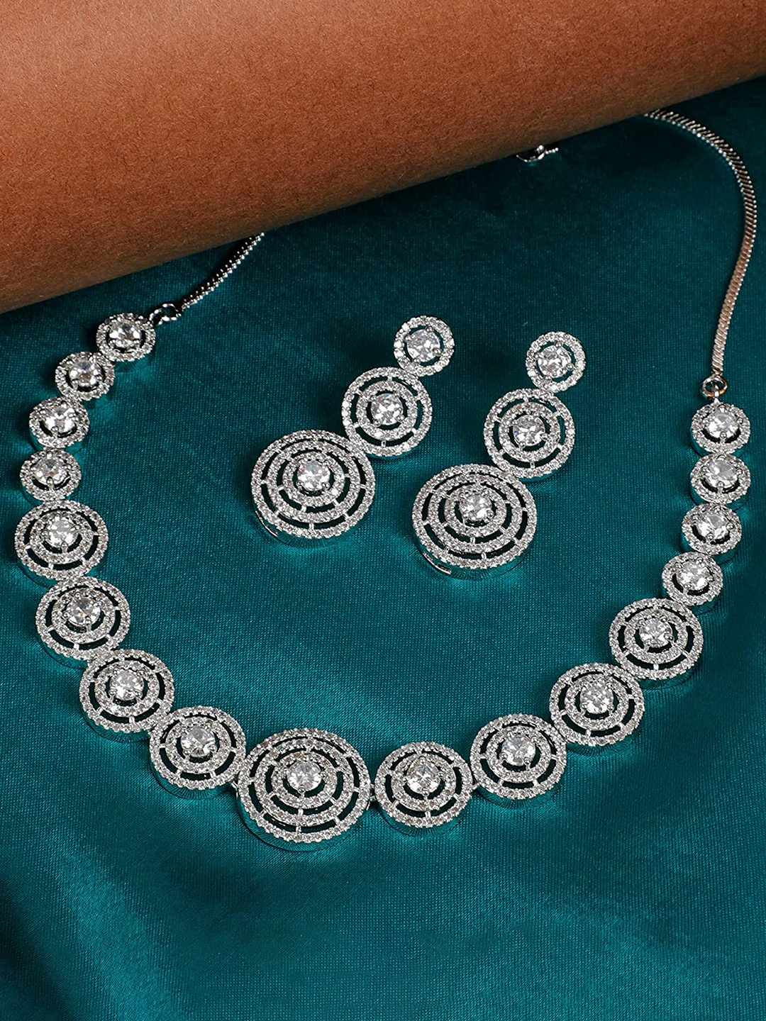 

The Pari Rhodium-Plated American Diamond-Studded Necklace And Earrings, Silver