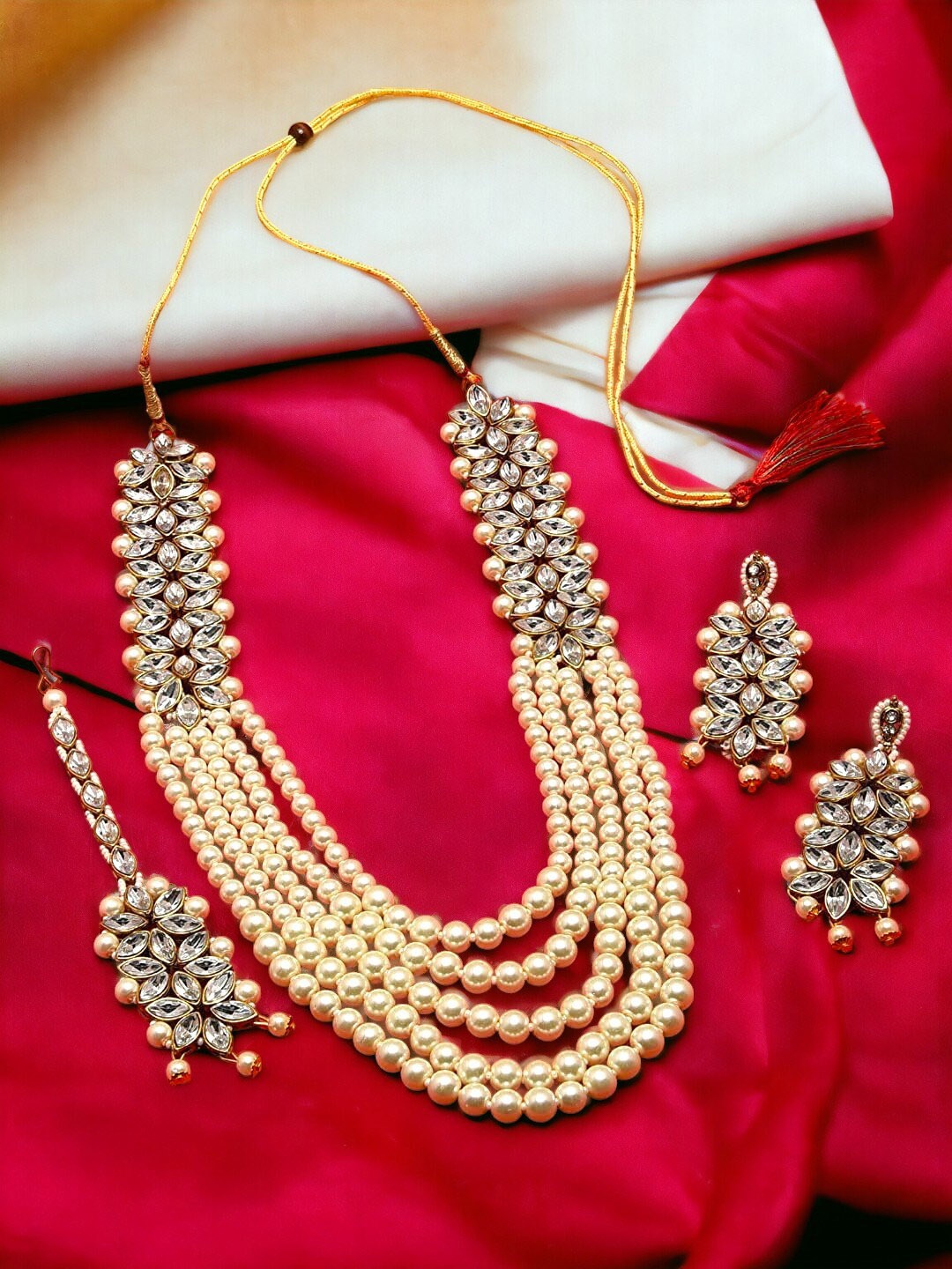 

The Pari Gold-Plated Stones Studded & Beads Beaded Layered Necklace And Earrings