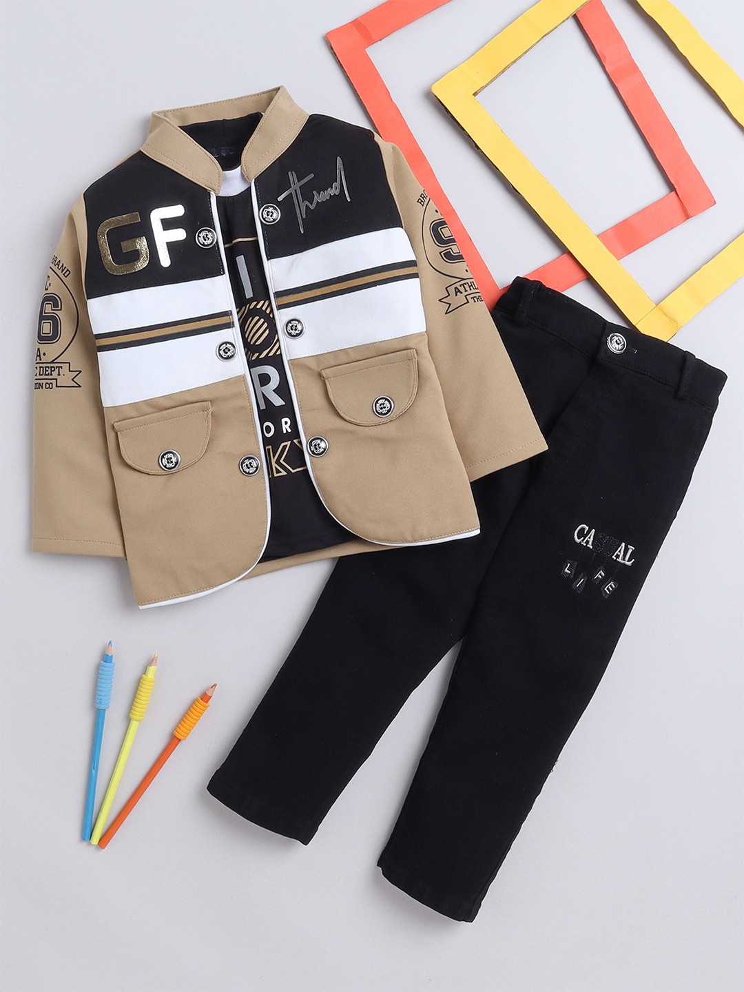 

FOURFOLDS Boys Printed Pure Cotton T-shirt & Trousers With Shirt, Beige