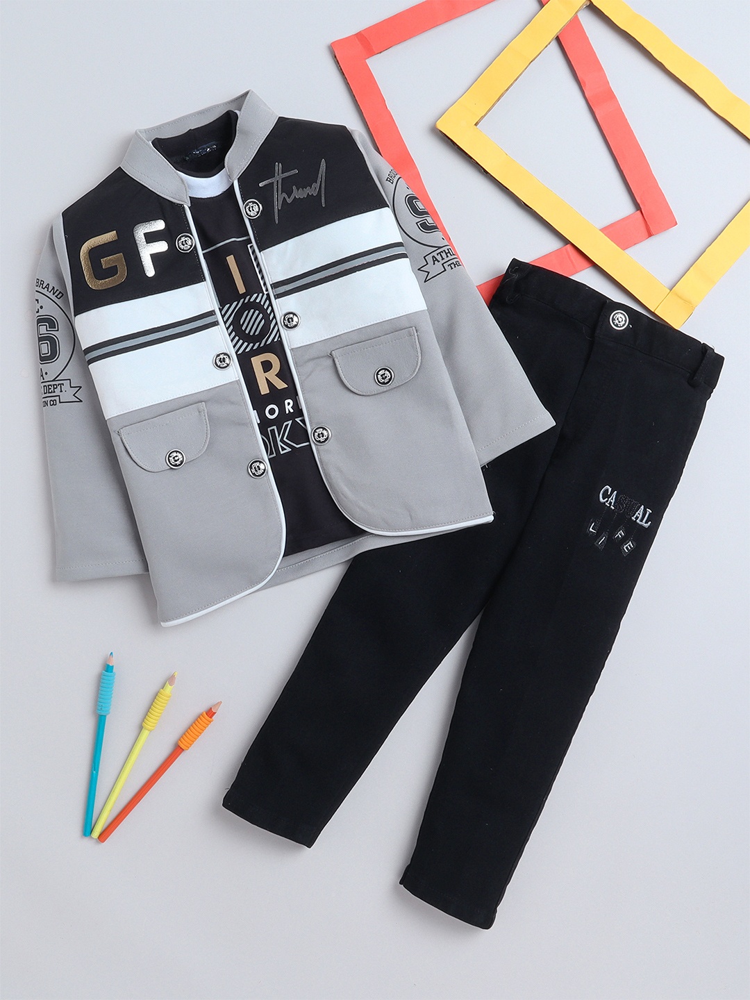 

FOURFOLDS Boys Printed Pure Cotton T-shirt & Trousers With Shirt, Black