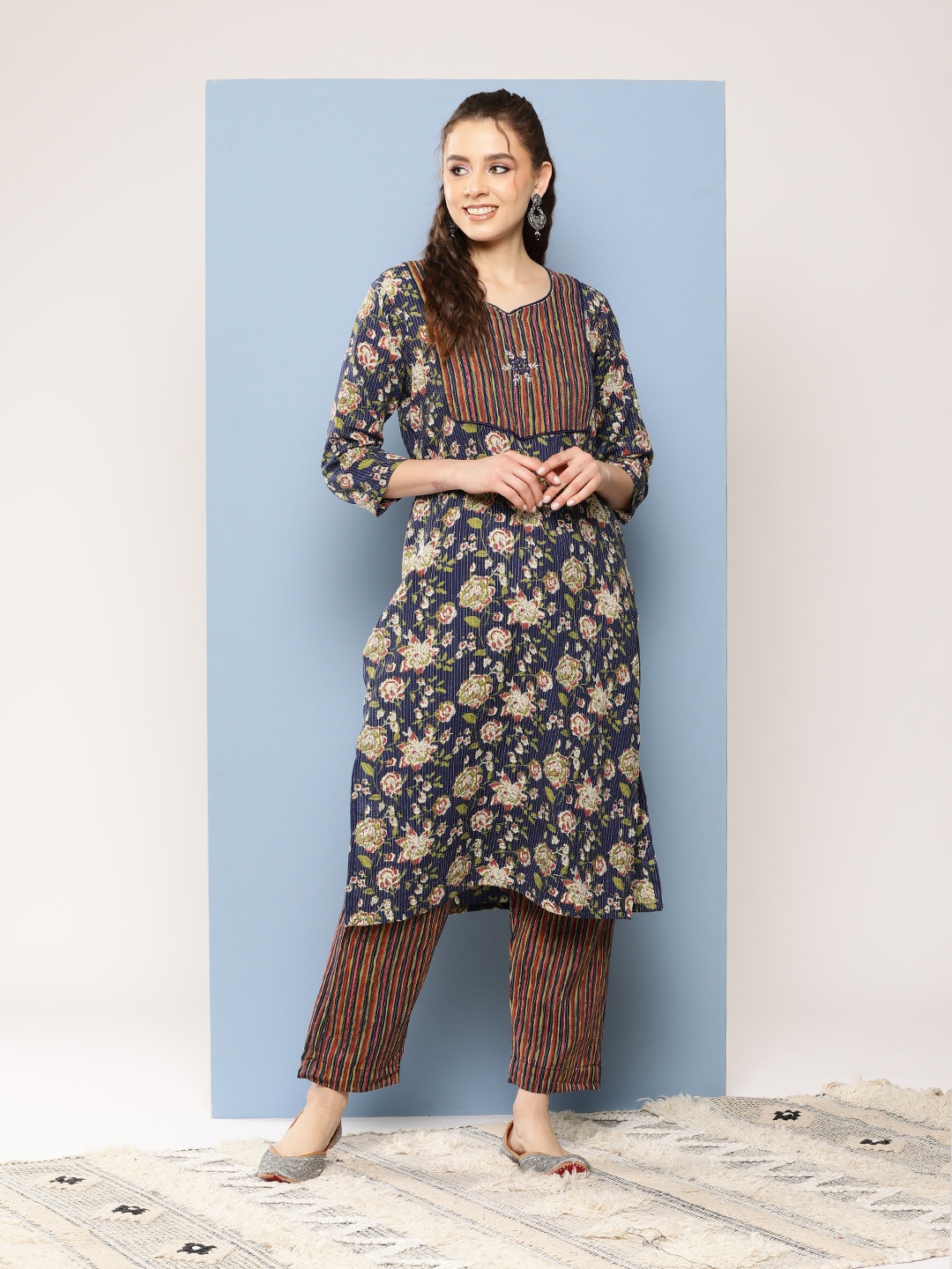 

Aarika Floral Printed Mirror Work Pure Cotton Kurta with Trousers, Navy blue
