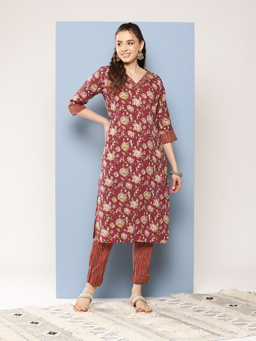

Aarika Floral Printed Kantha Work Pure Cotton Kurta with Trousers, Maroon