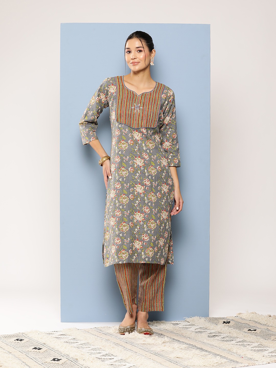 

Aarika Floral Printed Mirror Work Pure Cotton Kurta with Trousers, Grey