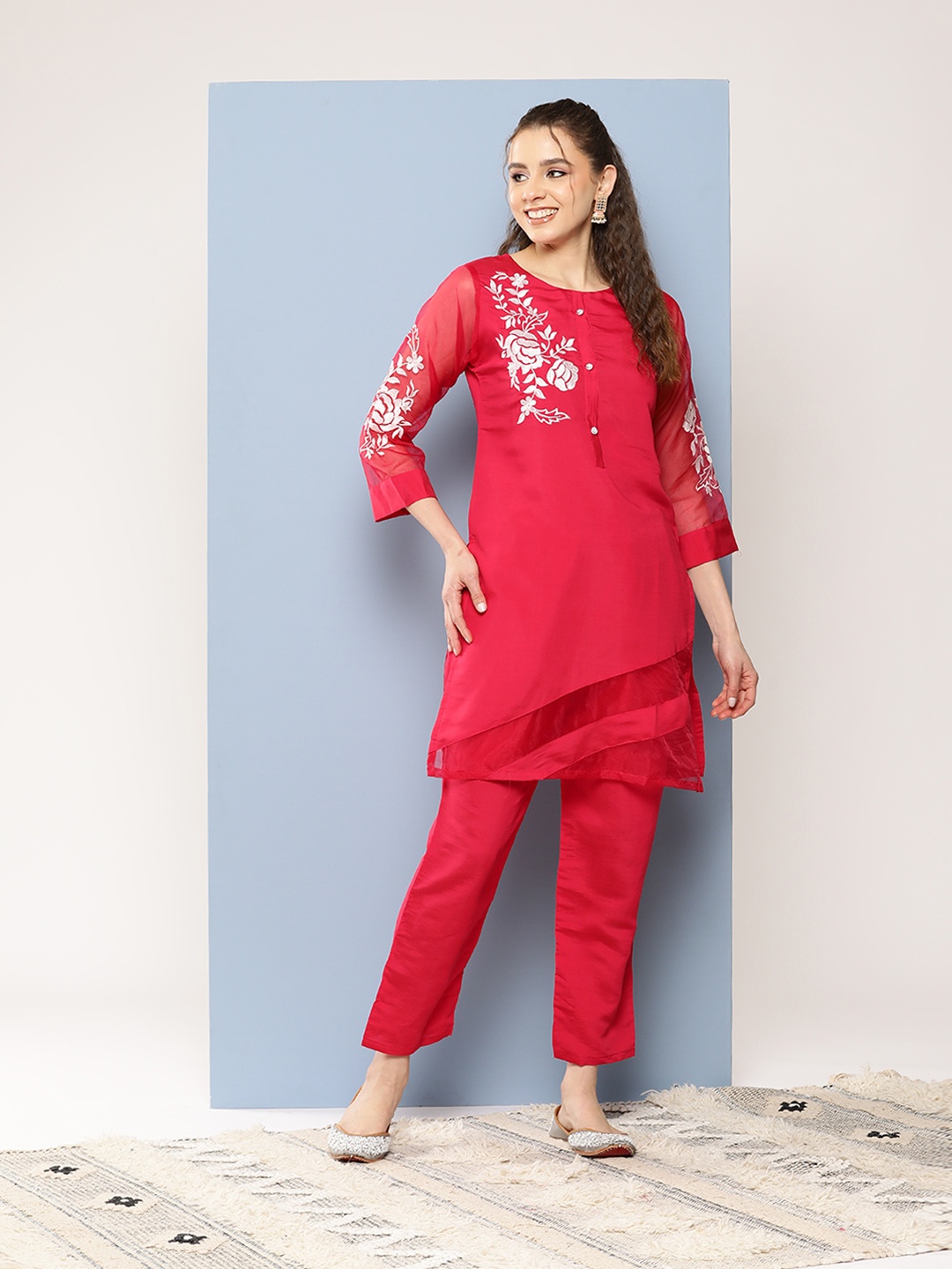 

Aarika Women Floral Embroidered Regular Pure Cotton Kurti with Trousers, Pink