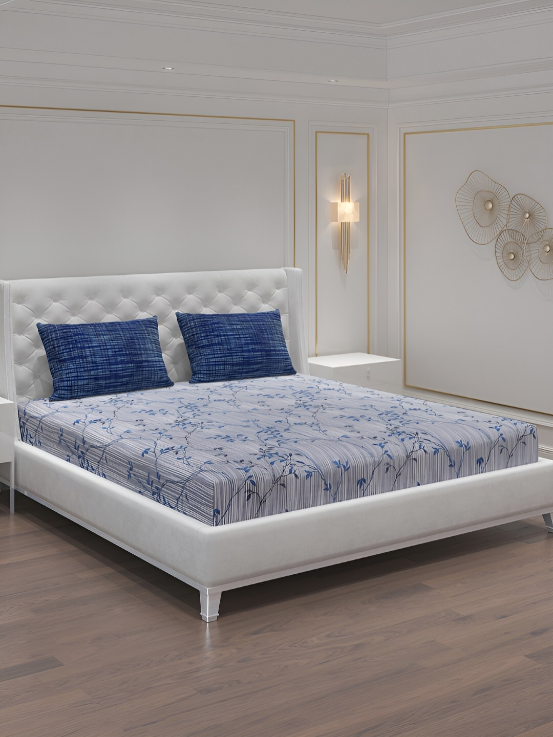 

Moca By Monte Carlo Grey & Blue Floral 104 TC 2 Queen Bedsheet with 4 Pillow Covers