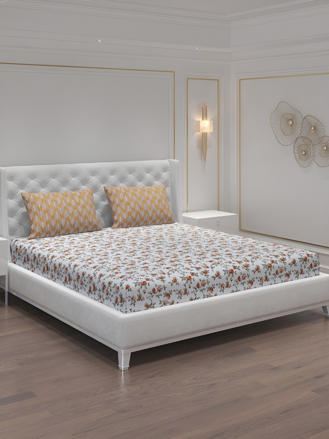 

Moca By Monte Carlo White & Brown Floral 104 TC Queen Bedsheet with 2 Pillow Covers