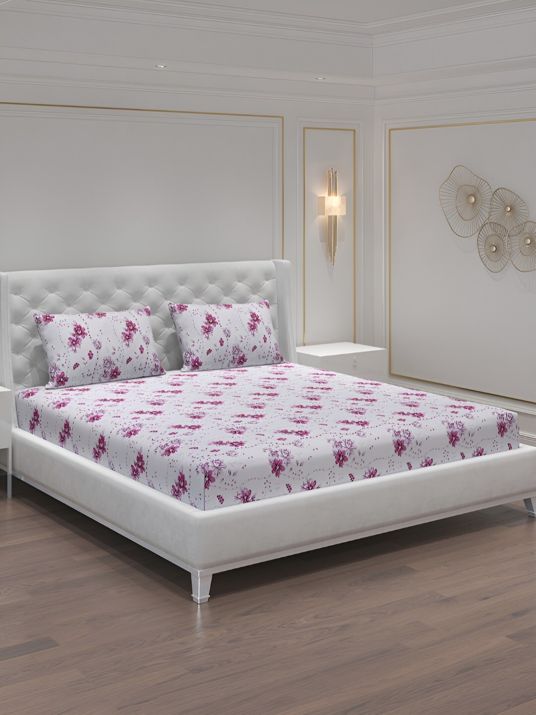 

Moca By Monte Carlo White & Pink Floral 104 TC 2 Queen Bedsheet with 4 Pillow Covers