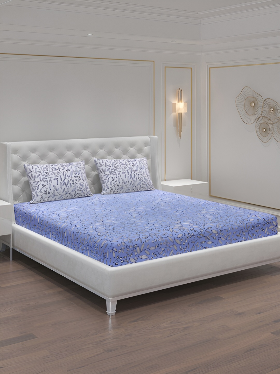 

Moca By Monte Carlo Blue & White Floral 104 TC Queen Bedsheet with 2 Pillow Covers