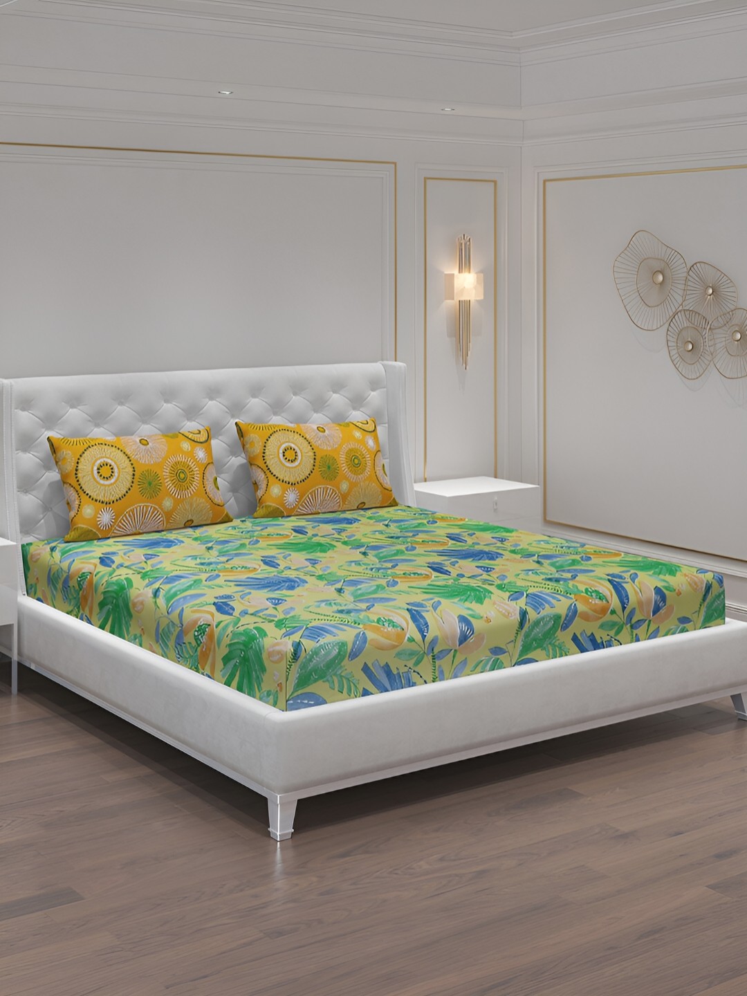 

Moca By Monte Carlo Yellow & Green Floral 104 TC Queen Bedsheet with 2 Pillow Covers