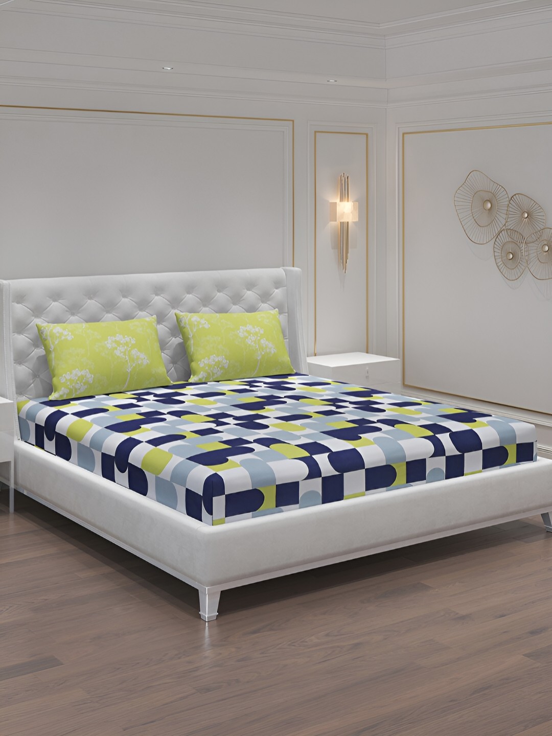 

Moca By Monte Carlo Navy Blue Geometric 104 TC 2 Queen Bedsheet with 4 Pillow Covers