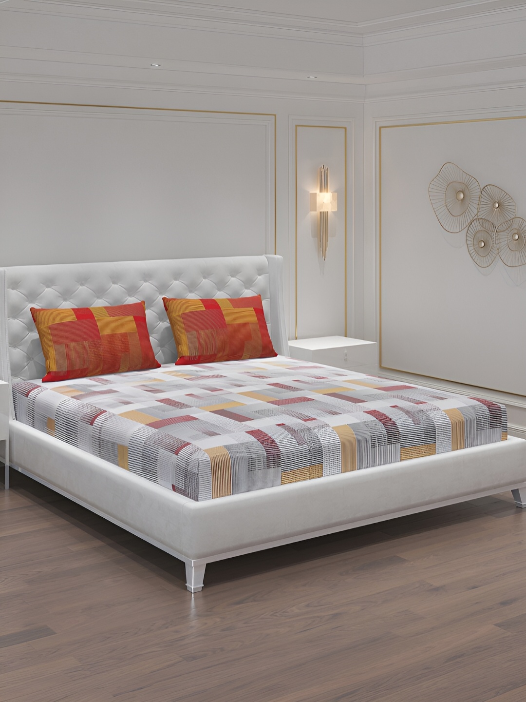

Moca By Monte Carlo White & Orange 104 TC 2 Queen Bedsheet with 4 Pillow Covers