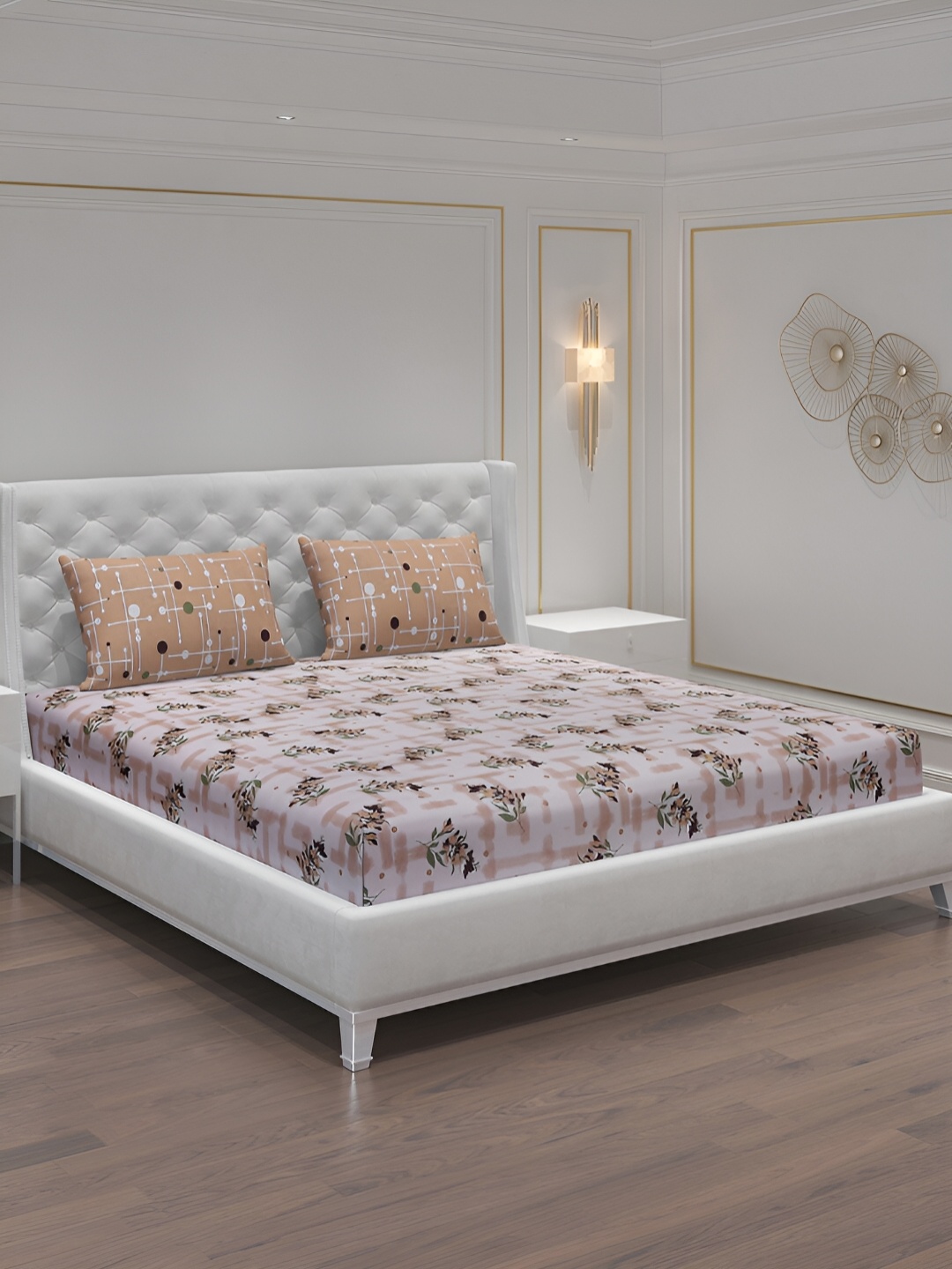 

Moca By Monte Carlo Brown & Off White Floral 104 TC Queen Bedsheet with 2 Pillow Covers