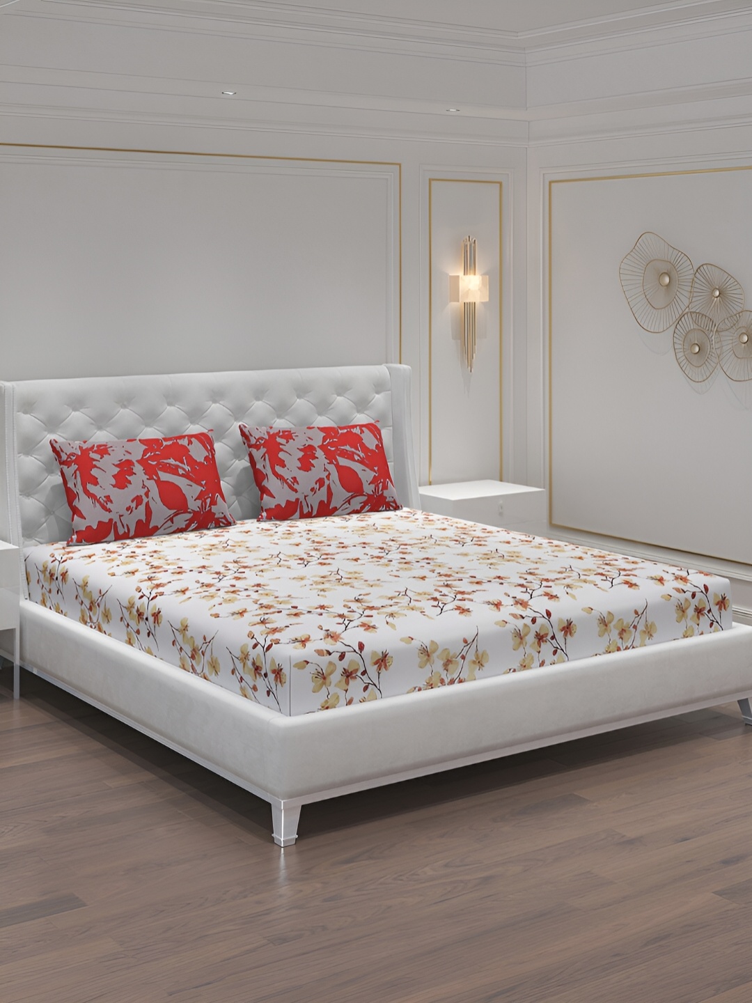 

Moca By Monte Carlo Off White & Brown Floral 104 TC 2 Queen Bedsheet with 4 Pillow Covers