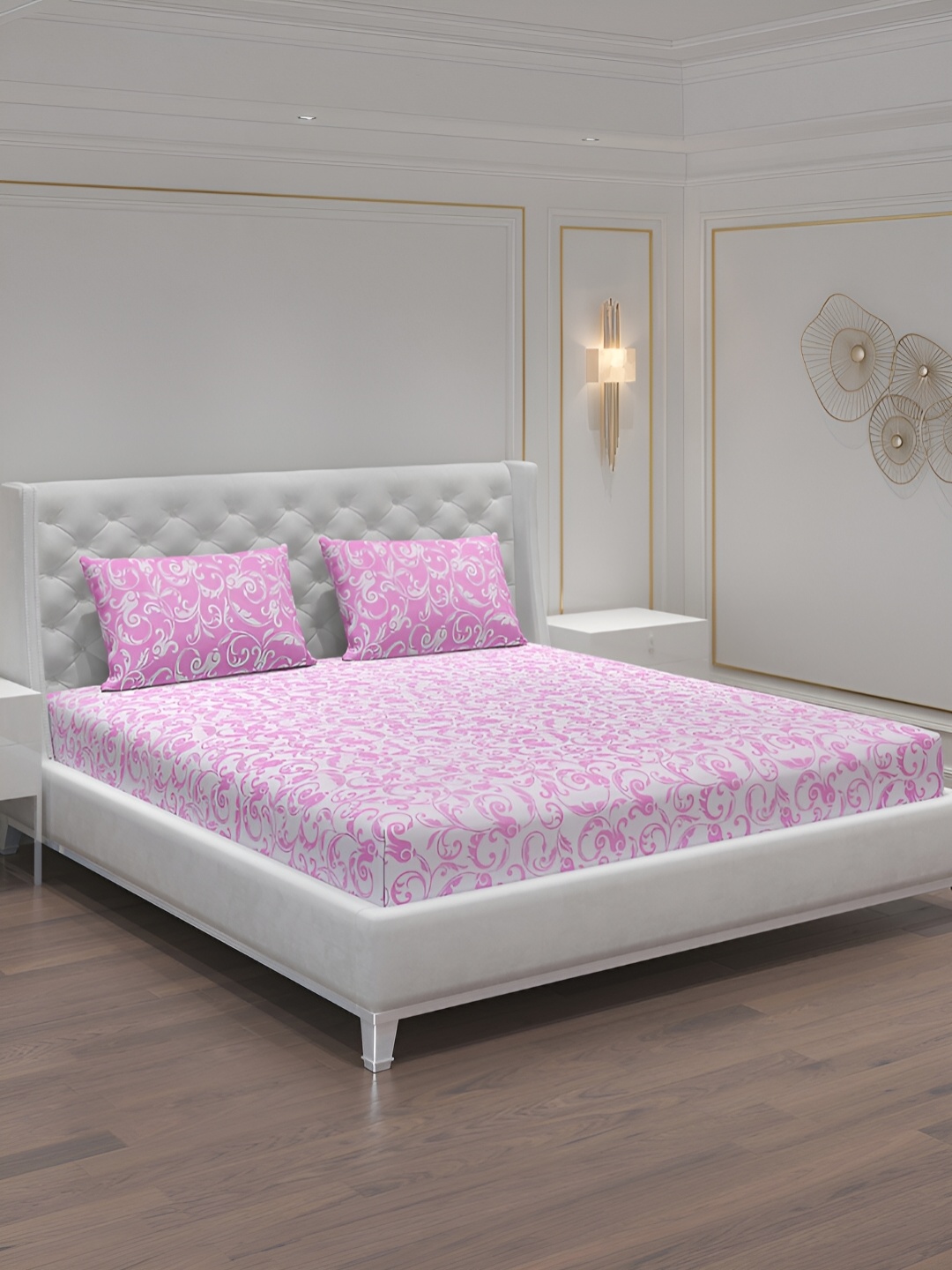 

Moca By Monte Carlo White & Pink Ethnic Motifs 104 TC Queen Bedsheet with 2 Pillow Covers