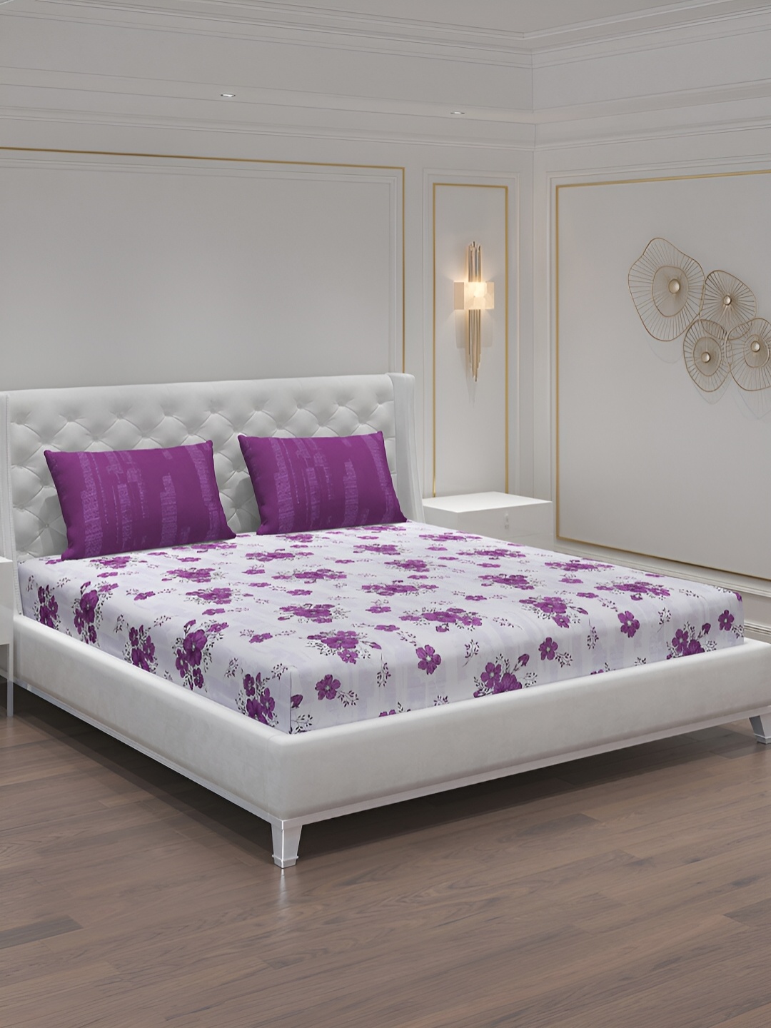 

Moca By Monte Carlo White & Purple Floral 104 TC 2 Queen Bedsheet with 4 Pillow Covers
