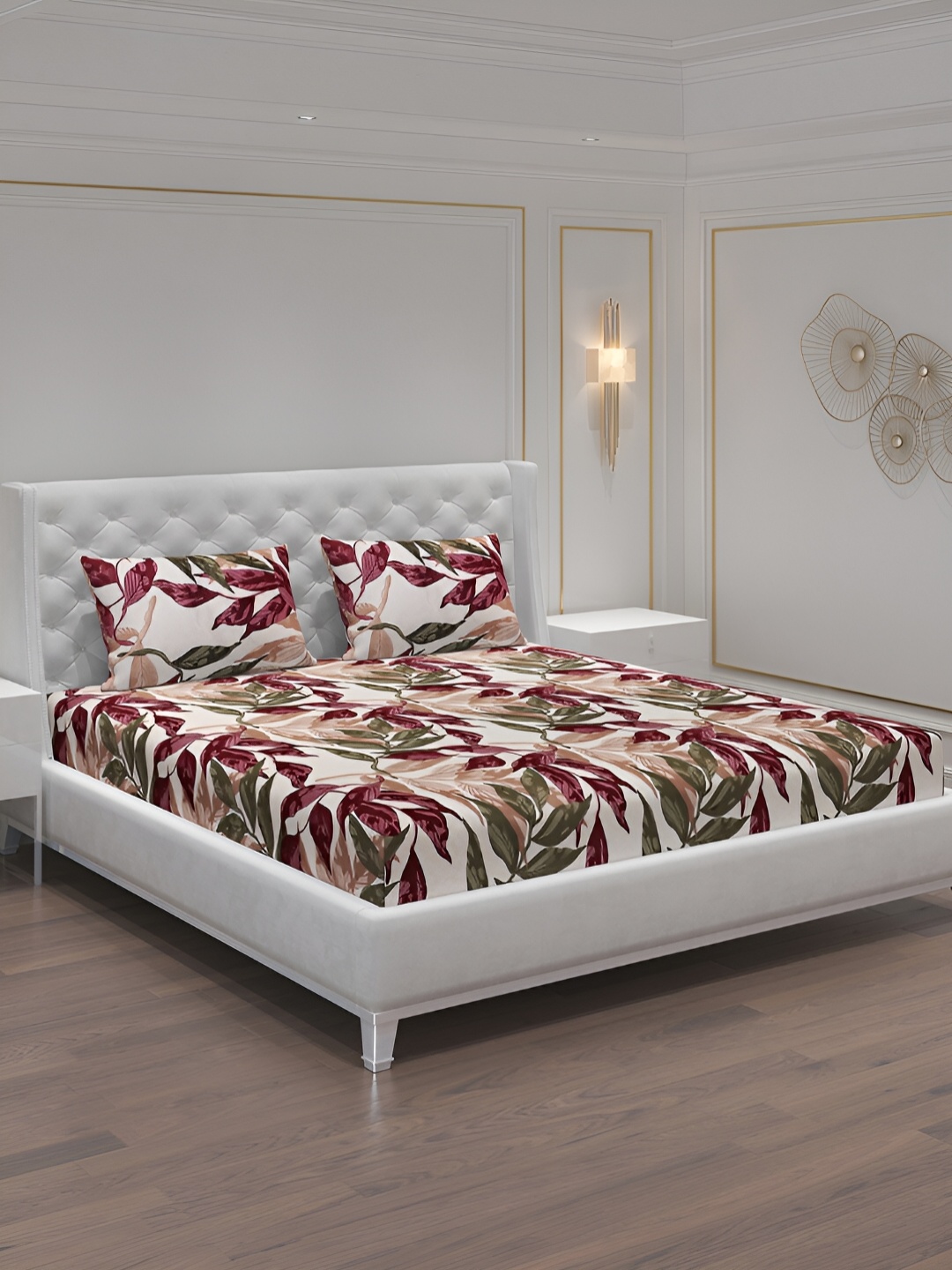 

Moca By Monte Carlo Maroon & Green Floral 120 TC 2 Queen Bedsheet with 4 Pillow Covers, Cream