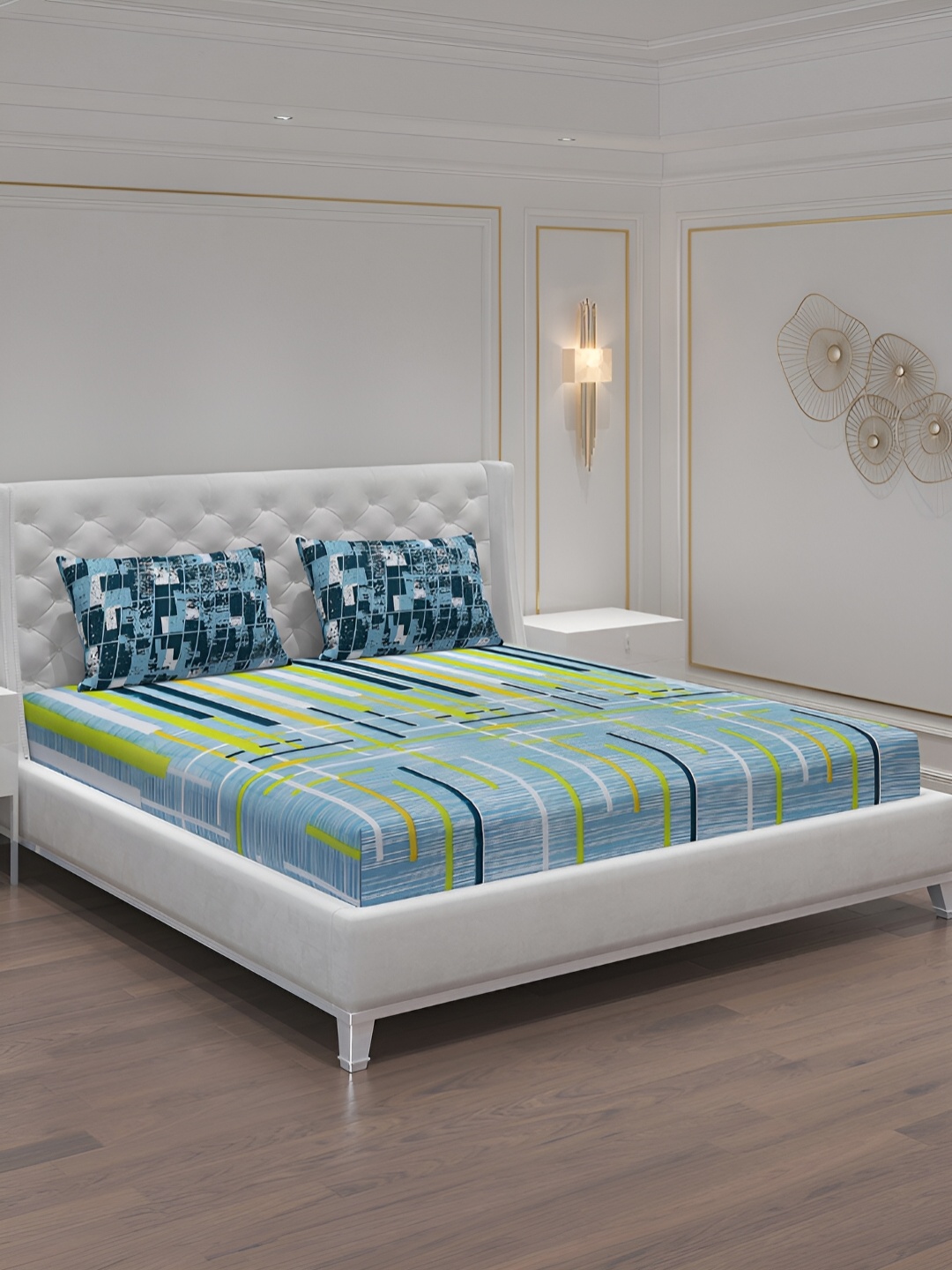 

Moca By Monte Carlo Blue & Green 104 TC Queen Bedsheet with 2 Pillow Covers