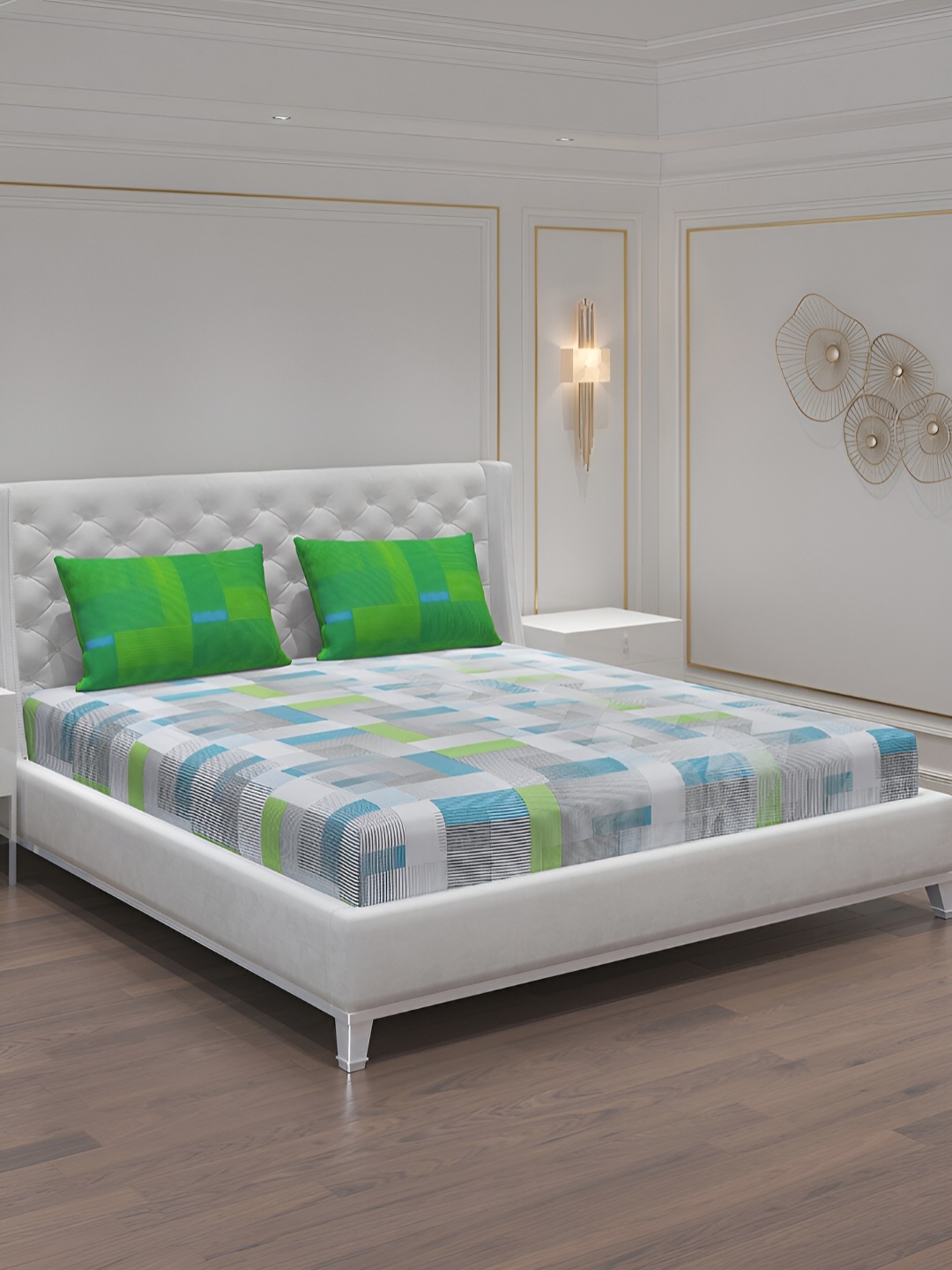 

Moca By Monte Carlo White & Blue 104 TC 2 Queen Bedsheet with 4 Pillow Covers