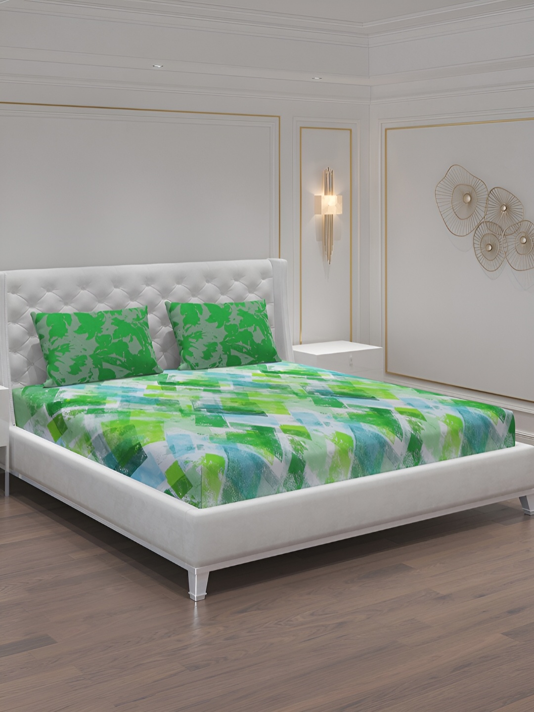 

Moca By Monte Carlo Green & Blue 104 TC Queen Bedsheet with 2 Pillow Covers