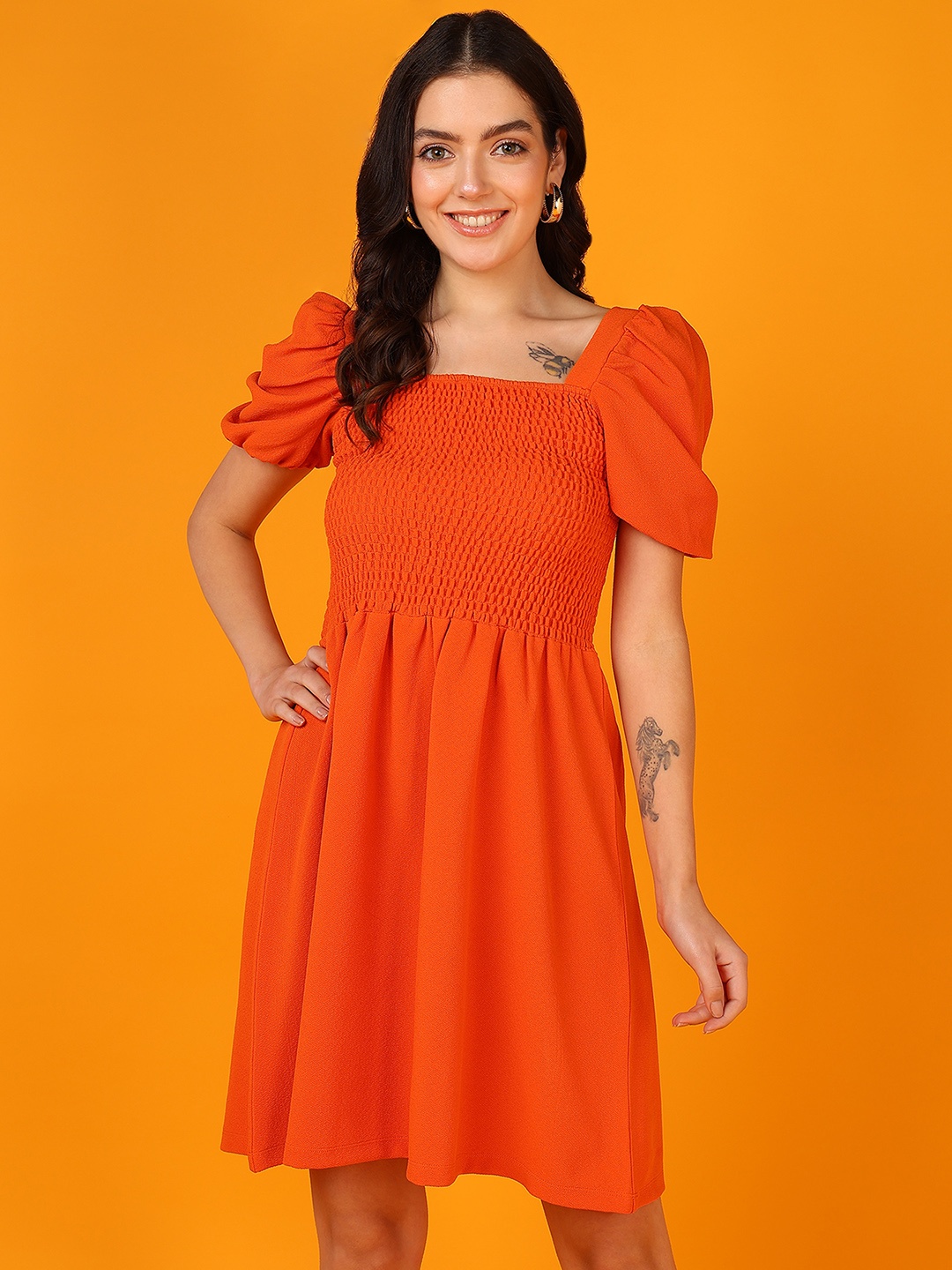 

Mast & Harbour Orange Self Design Fit & Flare Dress