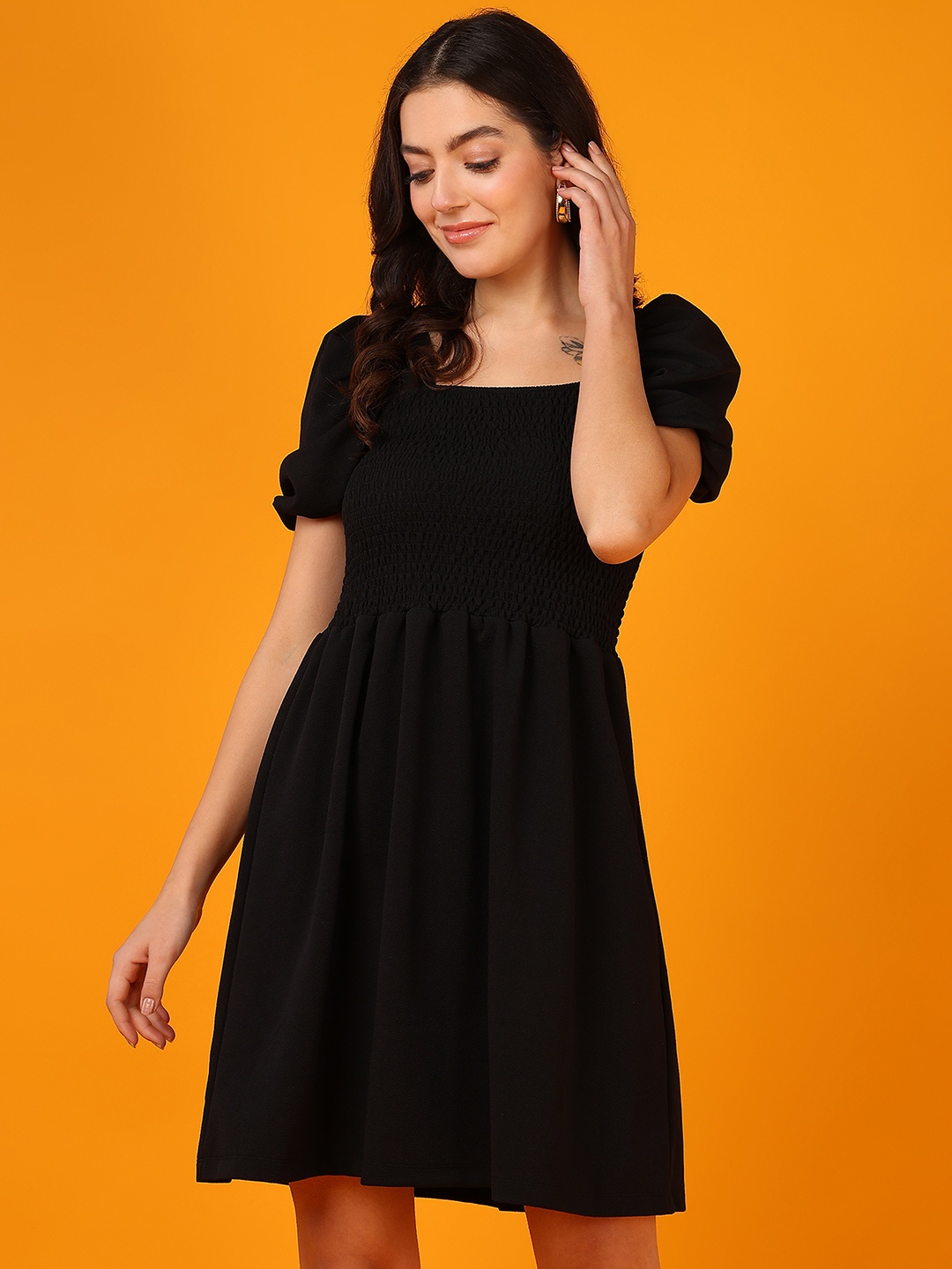 

Mast & Harbour Black Self Design Fit & Flare Dress