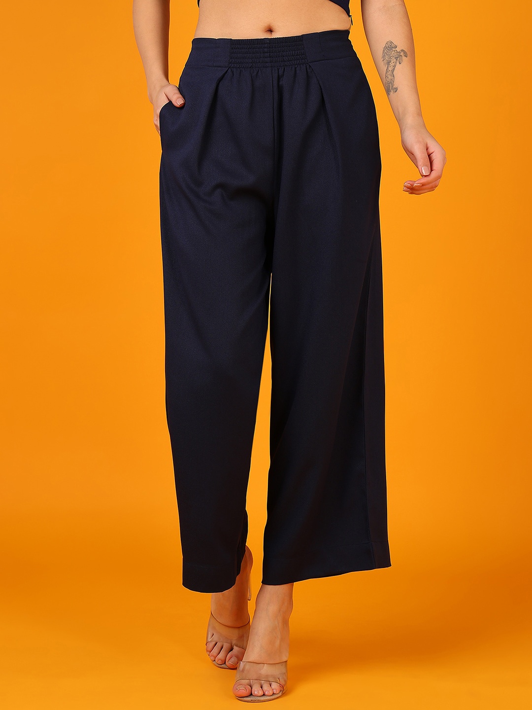 

Mast & Harbour Women Flared Pleated Mid-rise Parallel Trousers, Navy blue