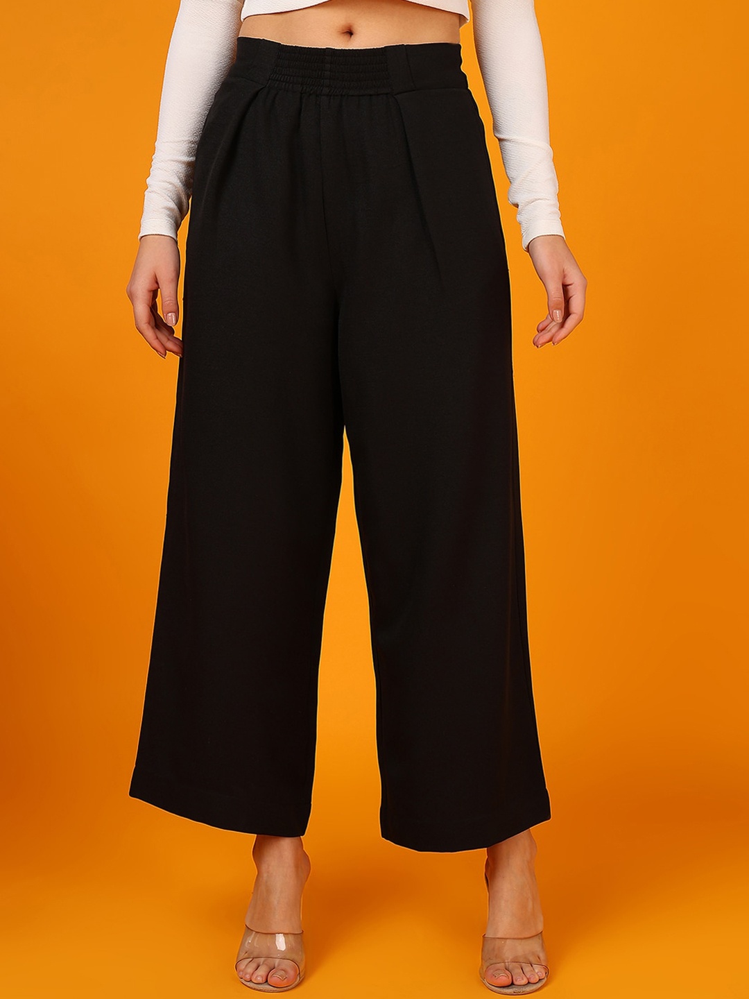 

Mast & Harbour Women Flared Pleated Mid-rise Parallel Trousers, Black