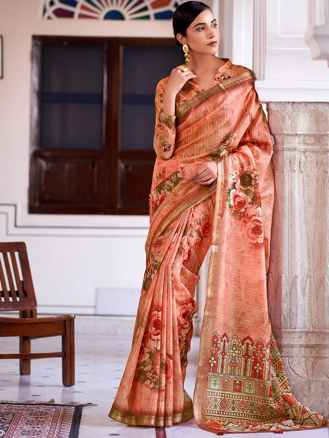 

Mitera Floral Printed Zari Saree, Orange
