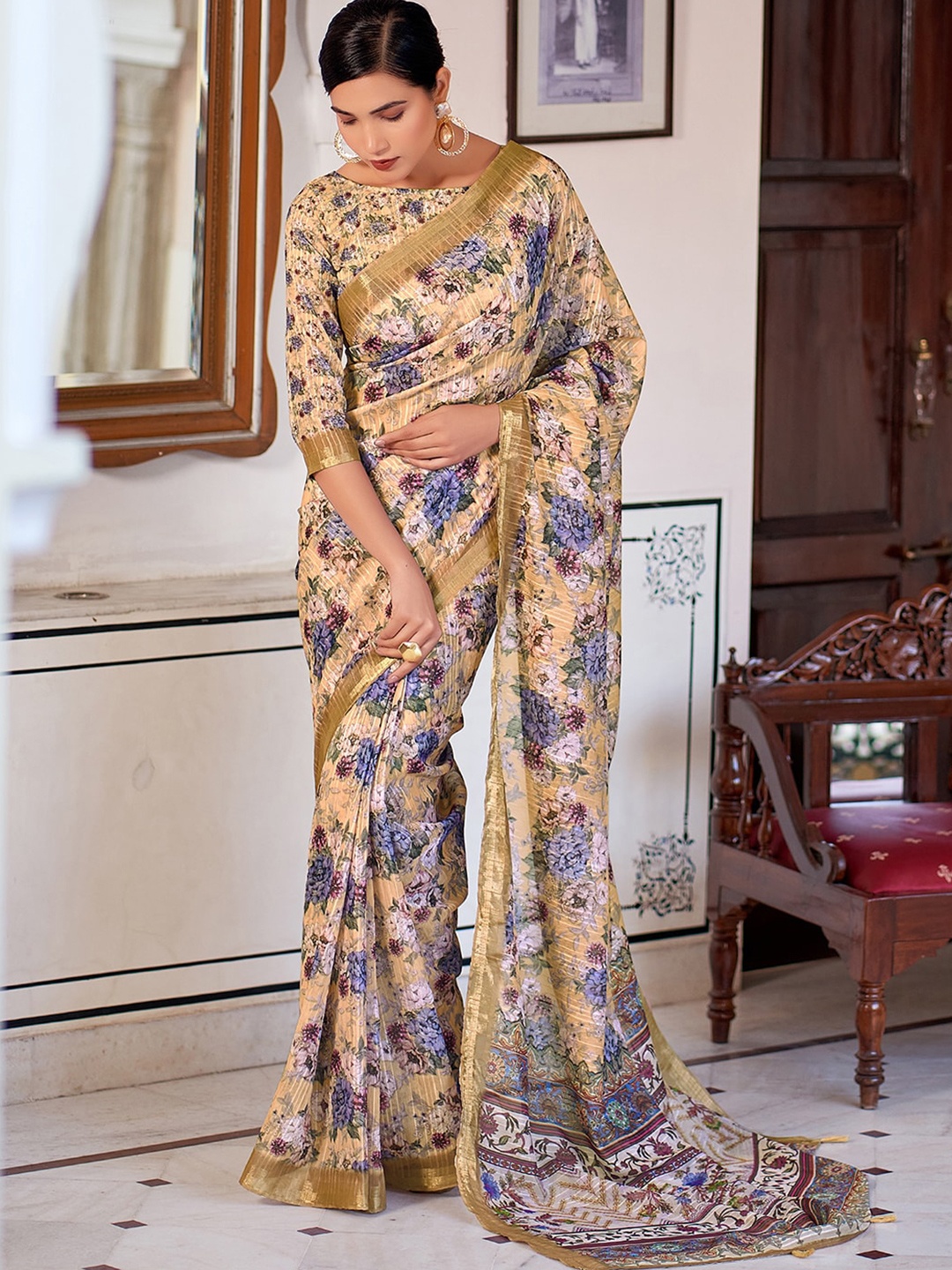 

Mitera Floral Printed Zari Border Saree, Beige