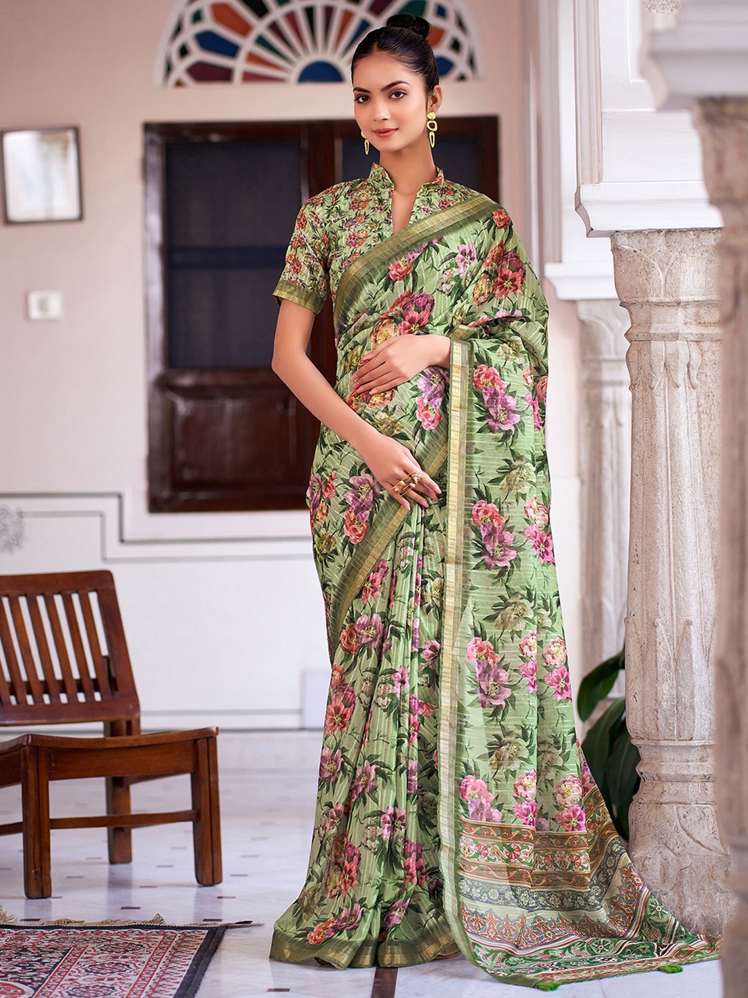 

Mitera Floral Printed Zari Border Saree, Green