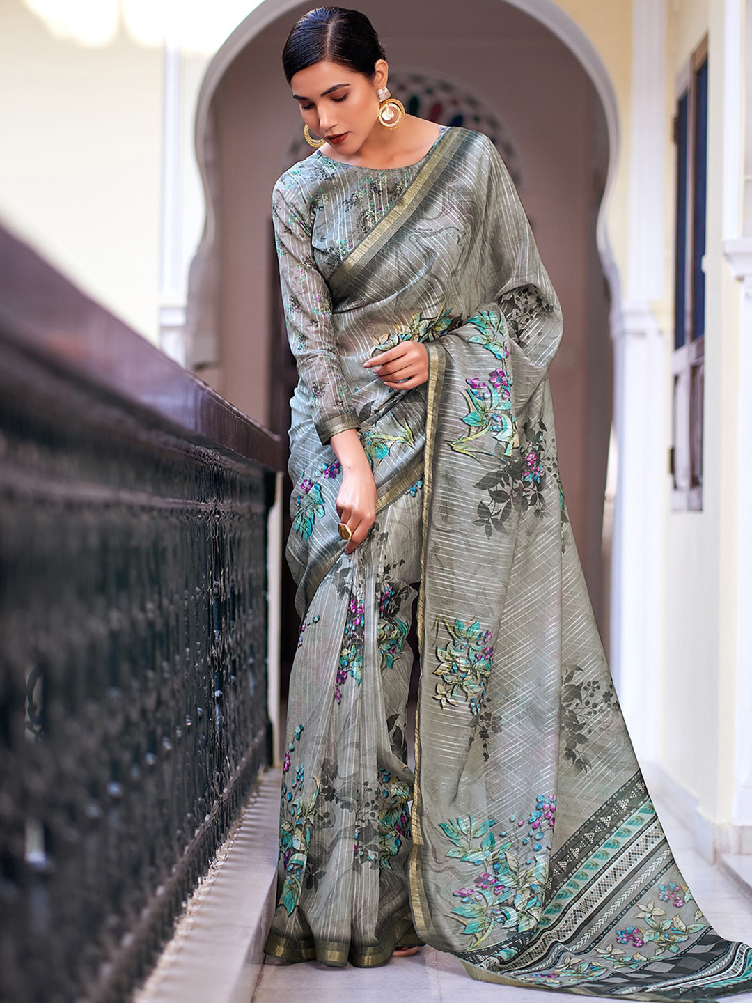 

Mitera Floral Printed Zari Border Saree, Grey